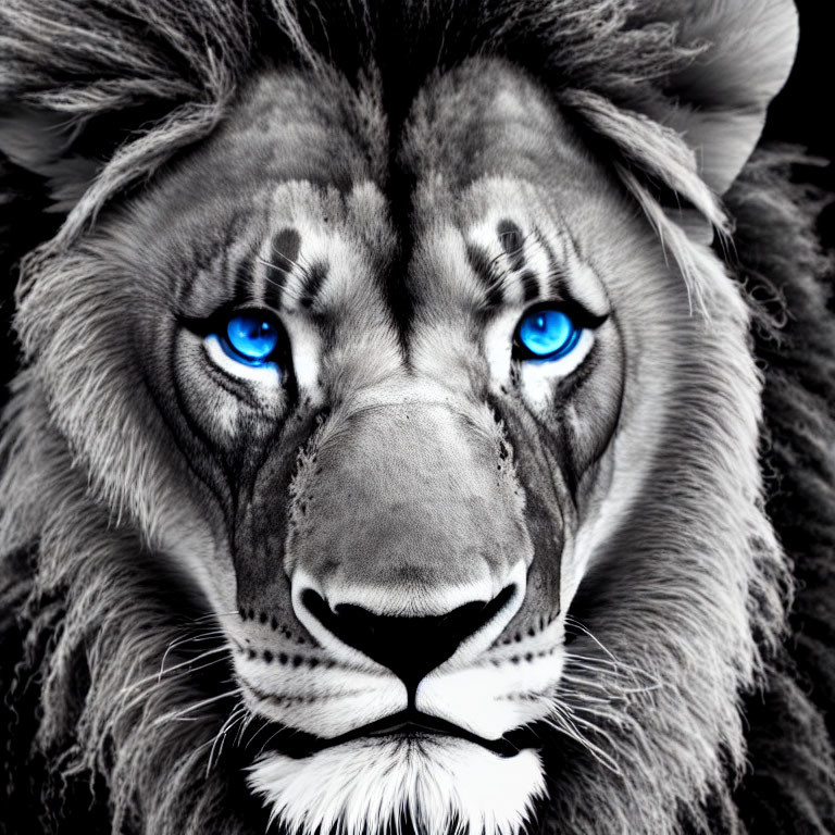 Digitally manipulated image: Lion with blue eyes and human-like features