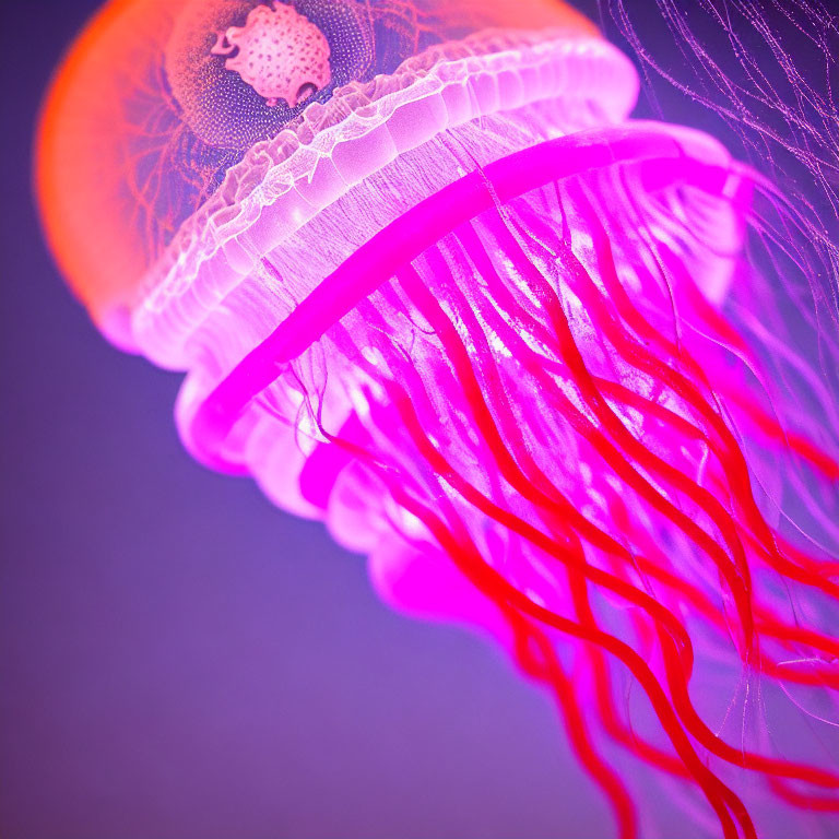 Colorful Neon Pink and Orange Jellyfish on Blurred Purple Background