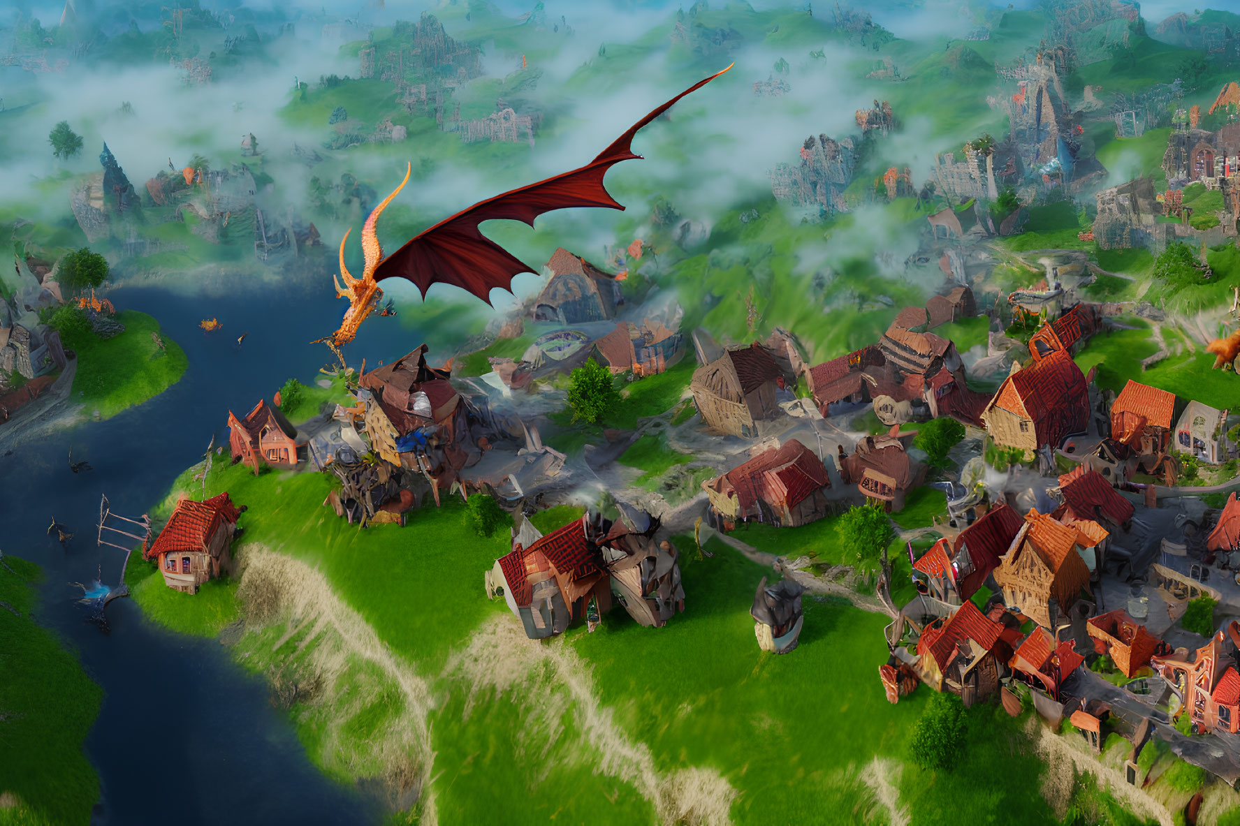 Majestic dragon flying over medieval village with thatched-roof houses