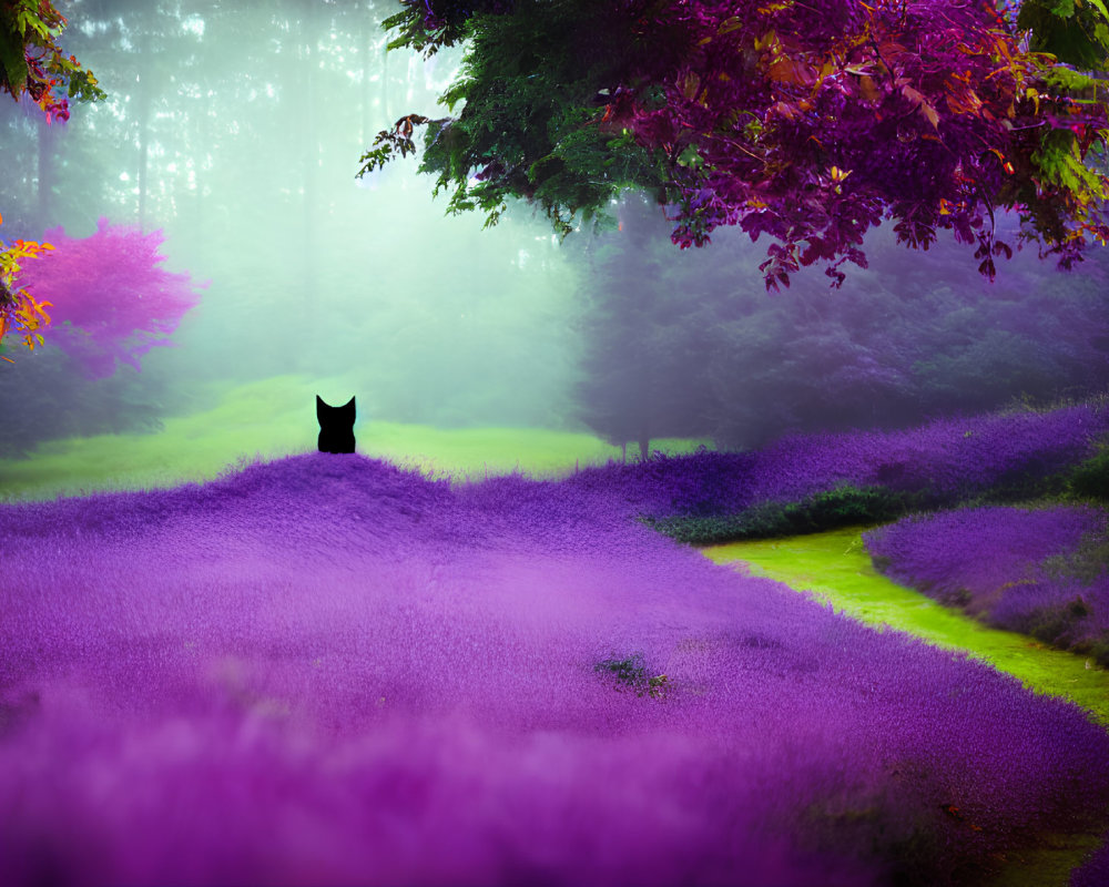 Purple Flower Field with Black Cat in Lush Forest Setting