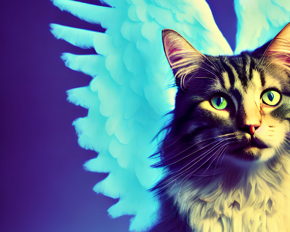 Majestic cat with green eyes and angelic blue wings on purple background