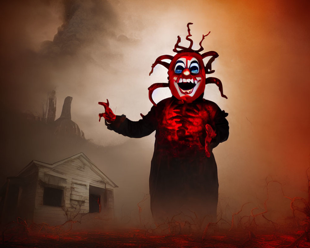 Sinister demon clown with snake-like appendages in hellish landscape