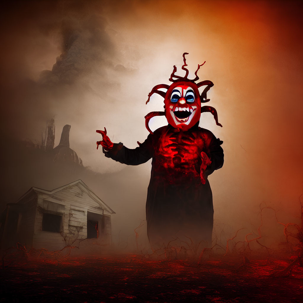 Sinister demon clown with snake-like appendages in hellish landscape