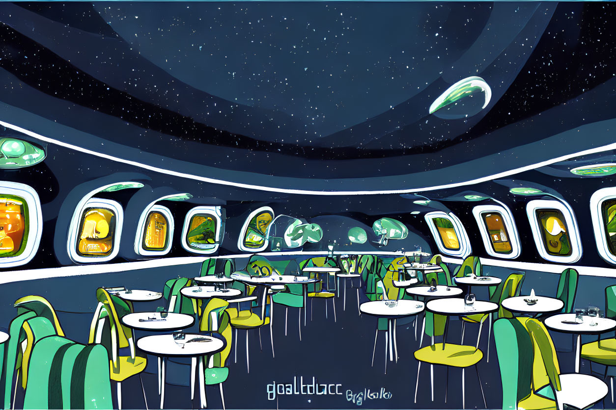 Futuristic Spaceship Cafeteria with Large Windows and Alien Attendees