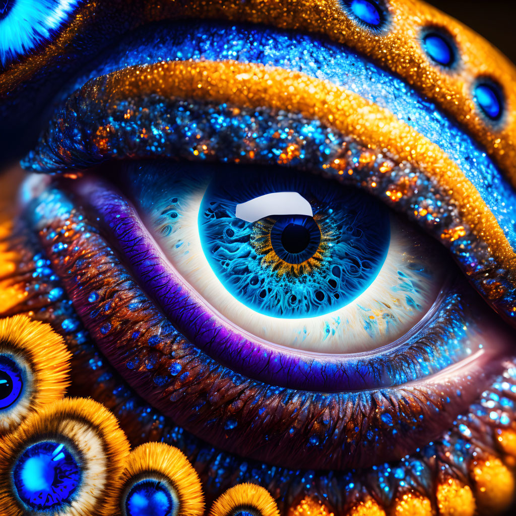 Close-Up Image of Blue Iris Eye with Peacock Feather Patterns