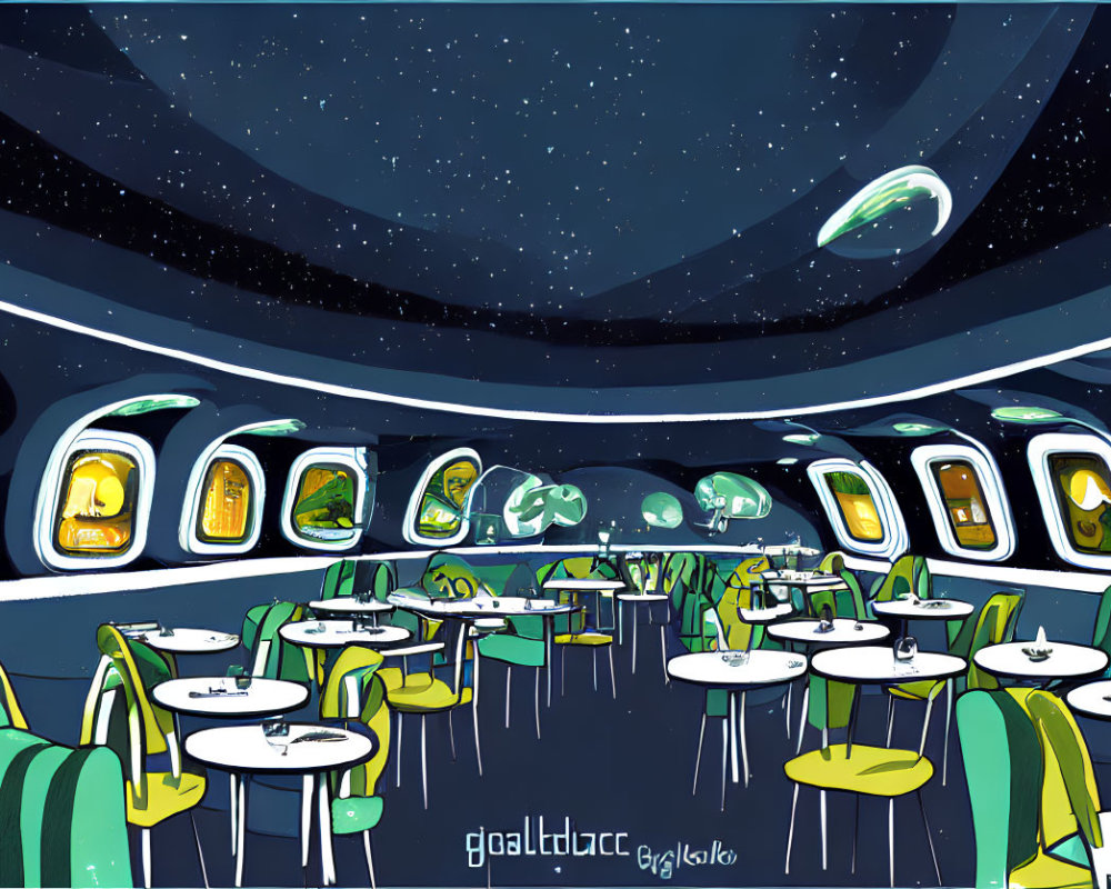 Futuristic Spaceship Cafeteria with Large Windows and Alien Attendees