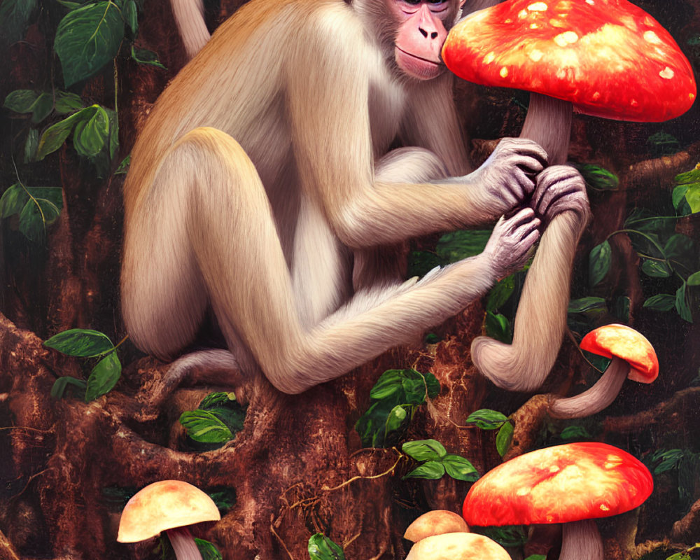 Light-furred monkey in vibrant forest with colorful mushrooms.