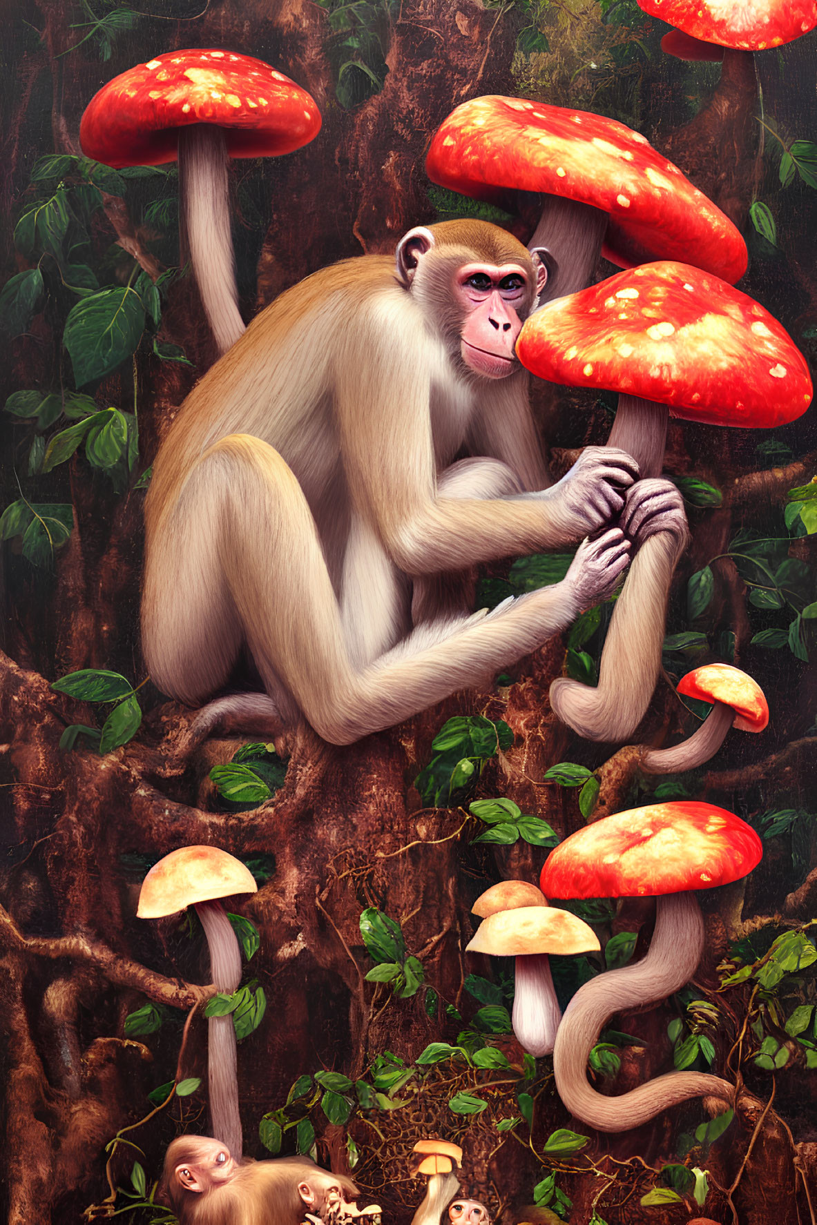 Light-furred monkey in vibrant forest with colorful mushrooms.