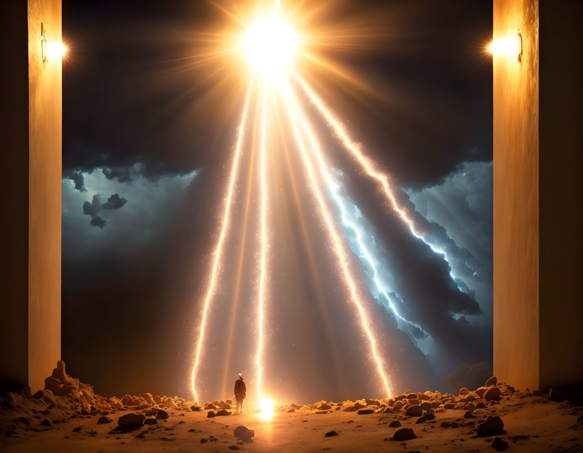 Person standing before glowing doorway in dark, cloudy atmosphere