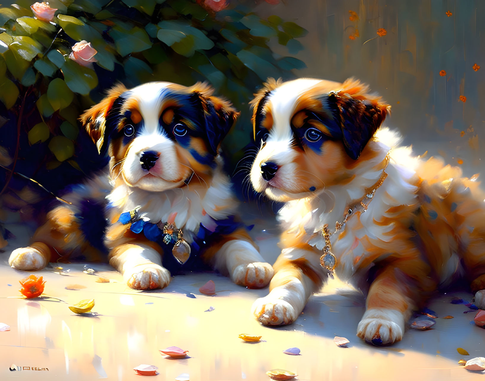 Bernese Mountain Dog Puppies Among Colorful Leaves with Blue Eyes