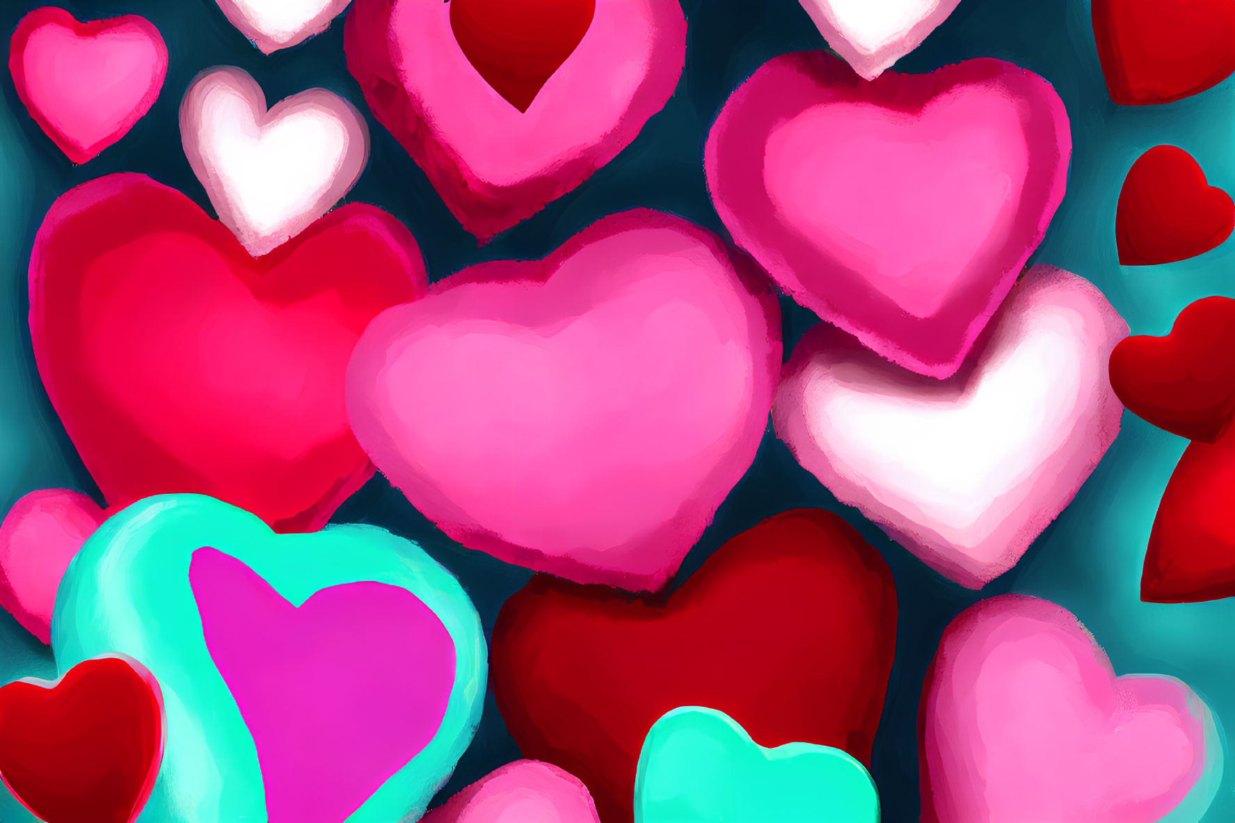 Vibrant Heart Art in Red, Pink, and Teal on Turquoise Background