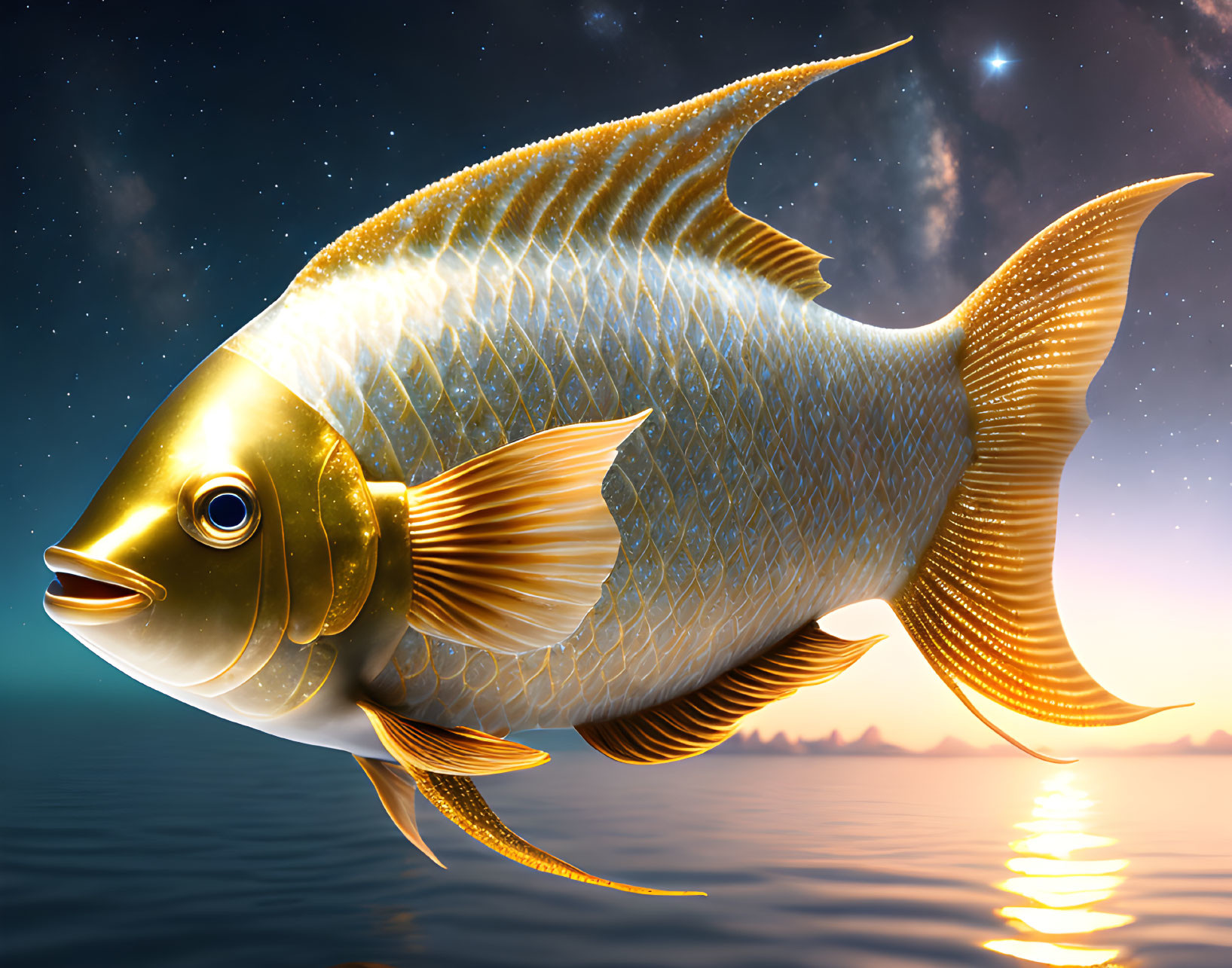 Large Golden Fish in Surreal Sunset Ocean Scene