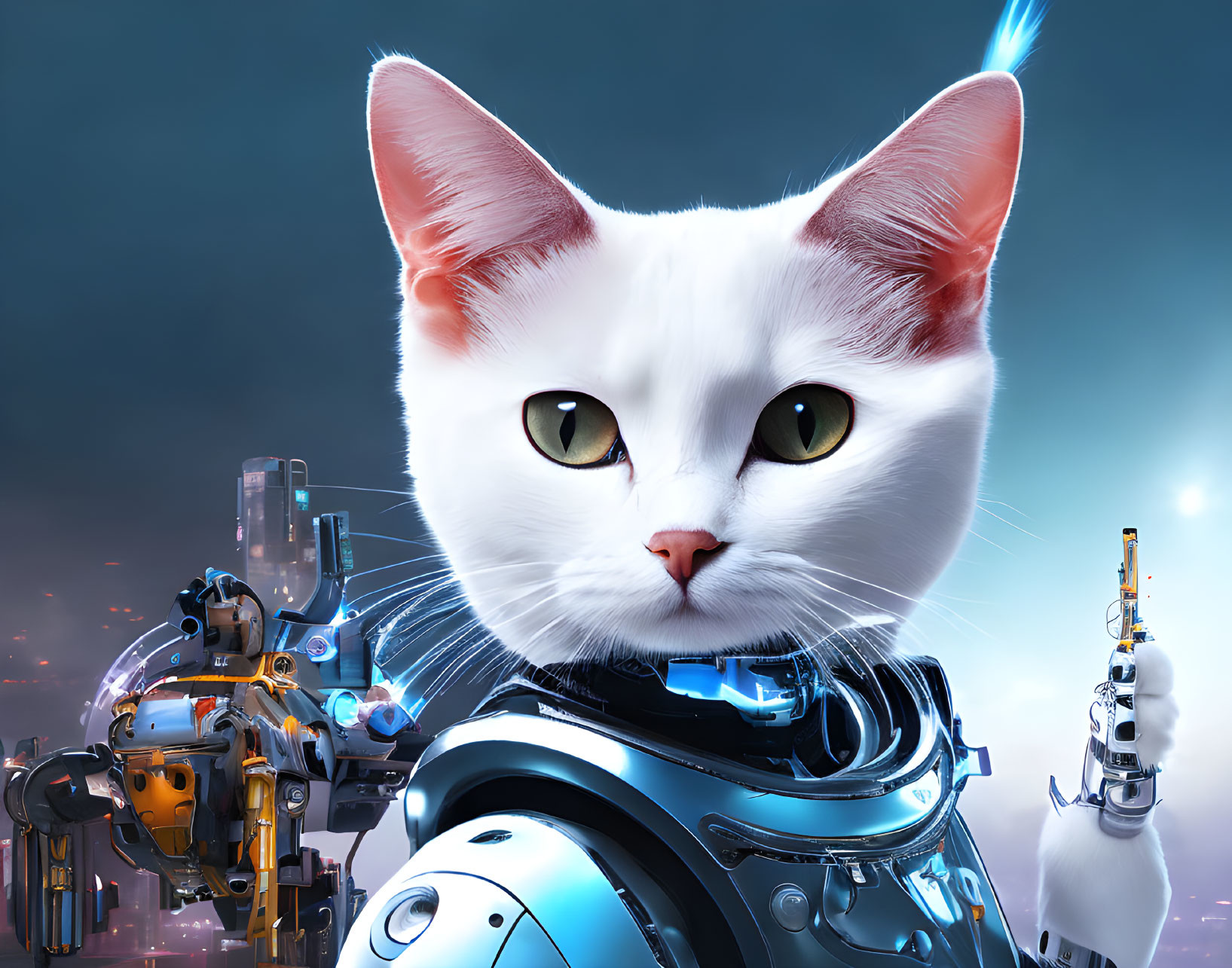 Futuristic white cat with robotic body and gun, heterochromatic eyes, dynamic lighting.