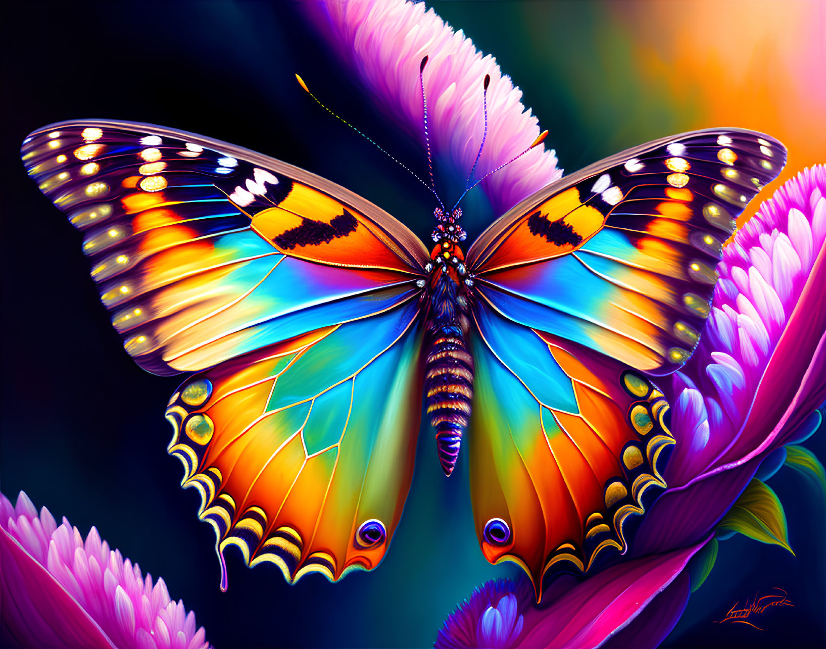 Colorful Butterfly Artwork with Vibrant Wings and Flower Background