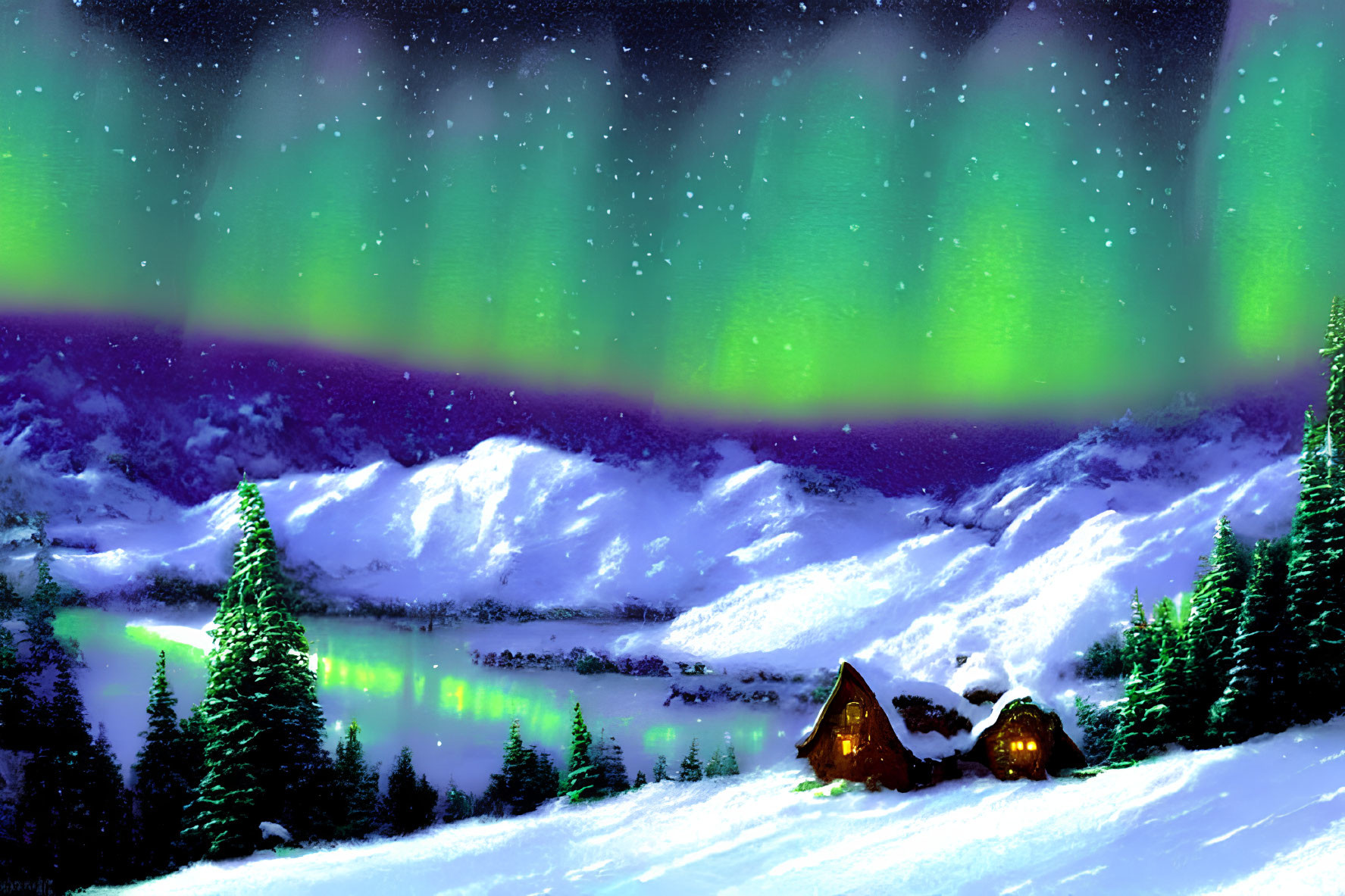 Snowy Winter Night Scene with Cozy Cabins, Pine Trees, Lake, & Northern Lights