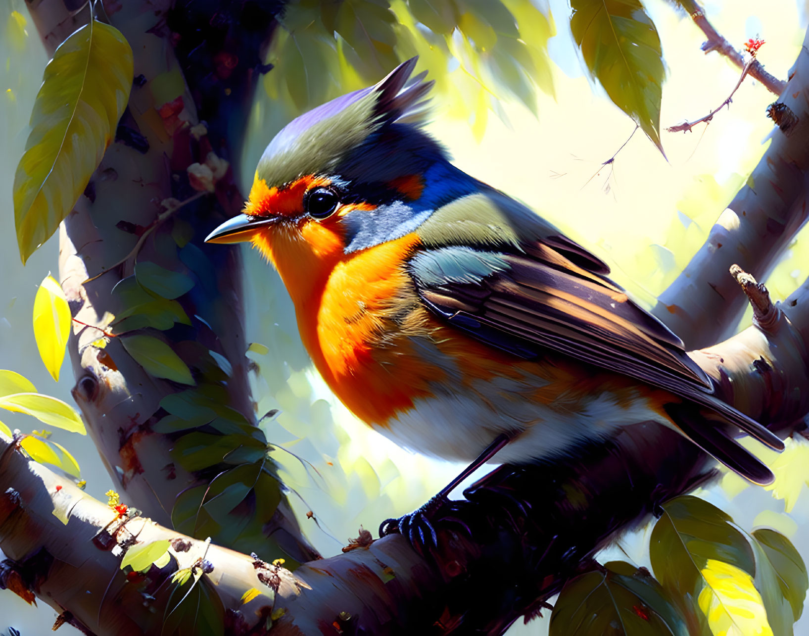 Colorful Bird with Orange, White, and Black Plumage Perched on Branch Amidst Green Leaves