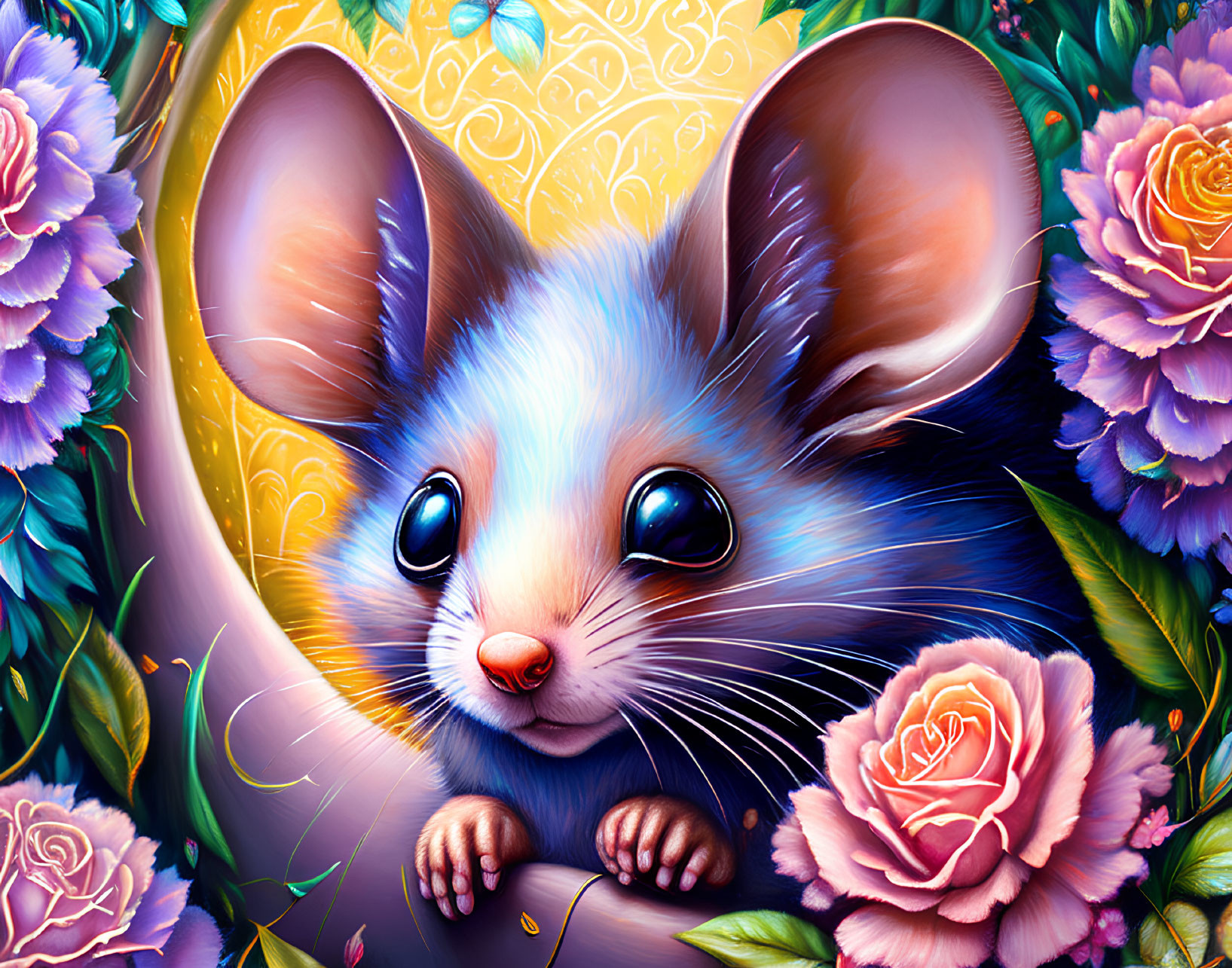 Vibrant illustration of cute mouse with blue eyes in floral setting