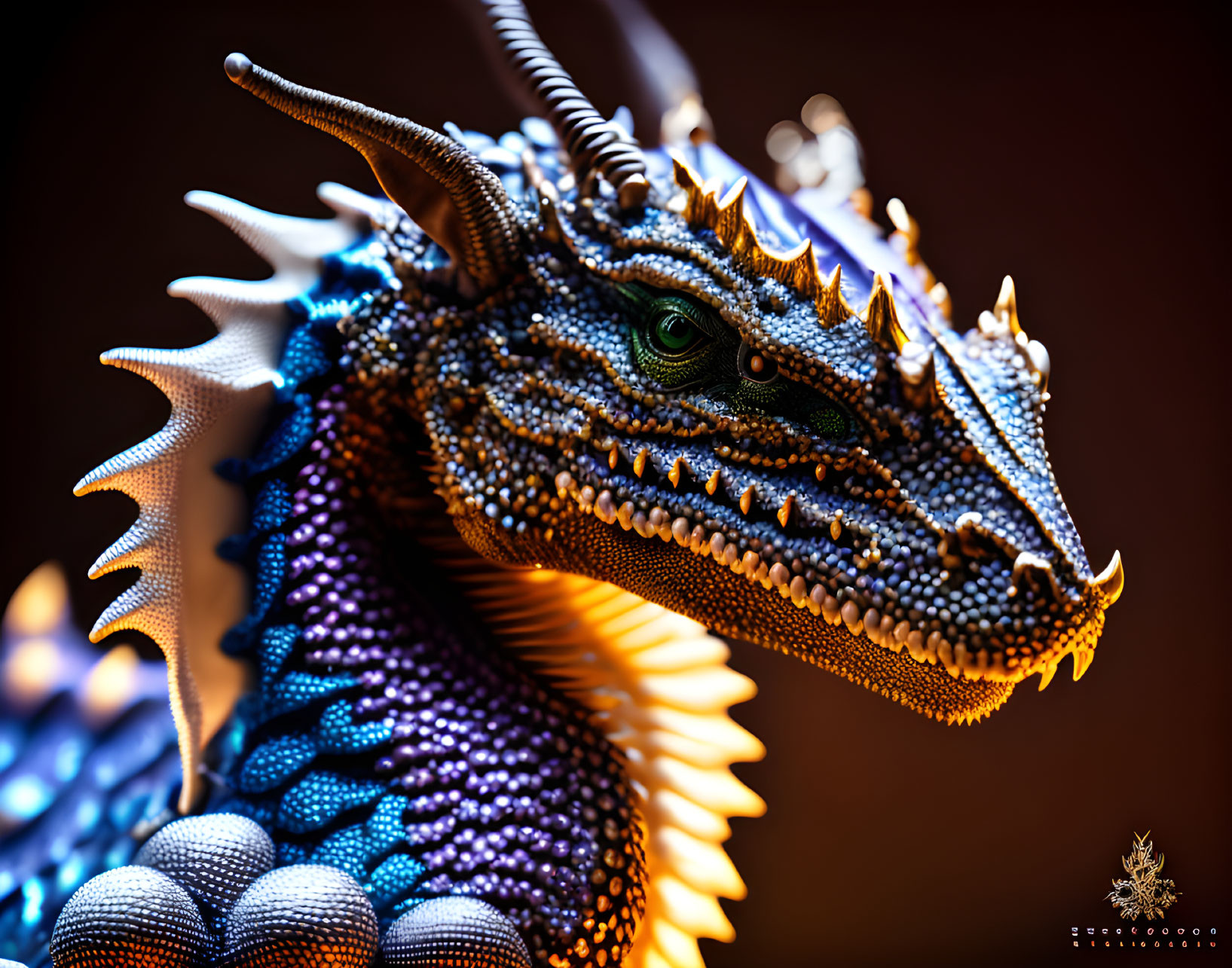 Detailed Close-Up of Blue and Purple Dragon Figurine with Green Eye