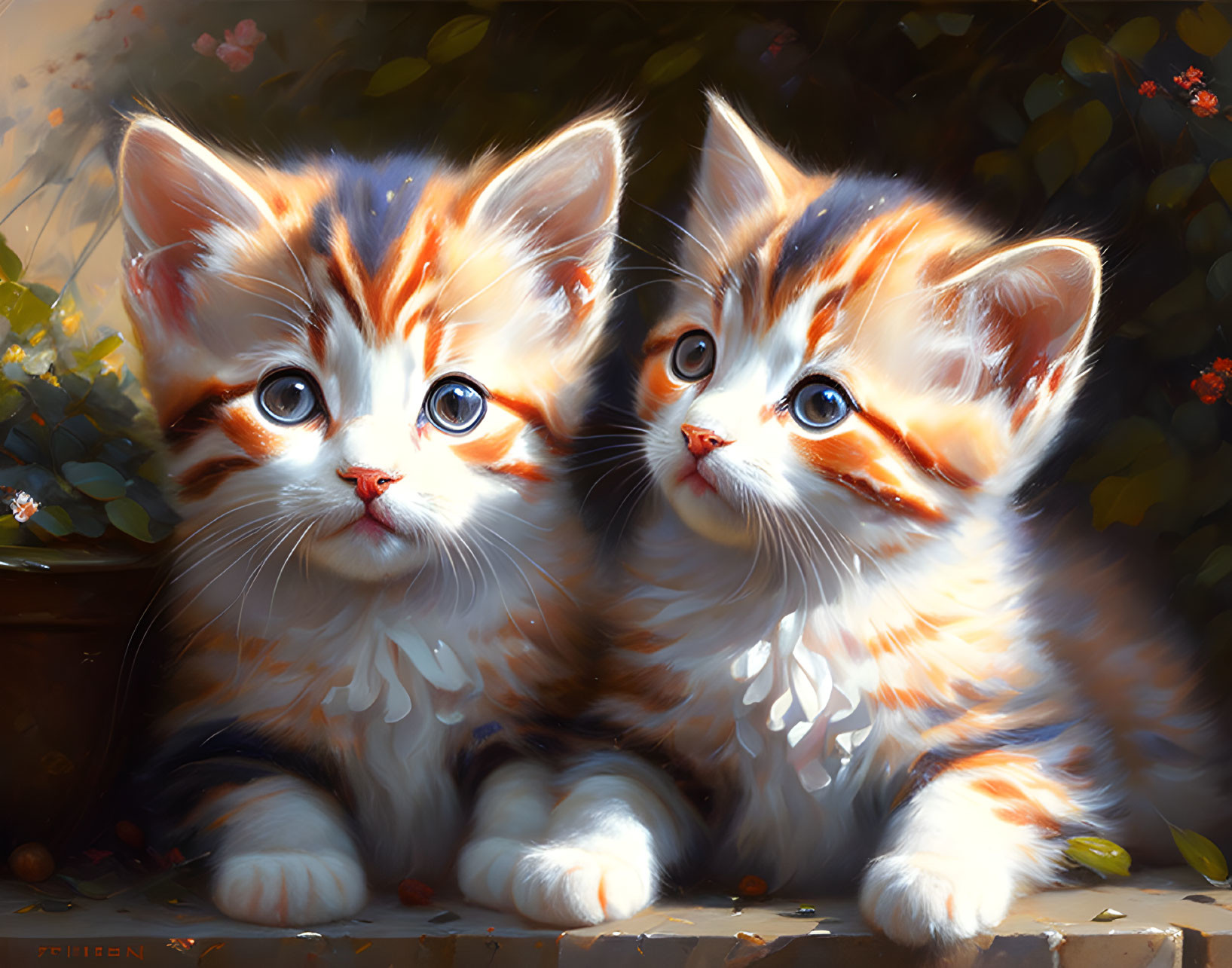 Adorable orange and white fluffy kittens in soft lighting