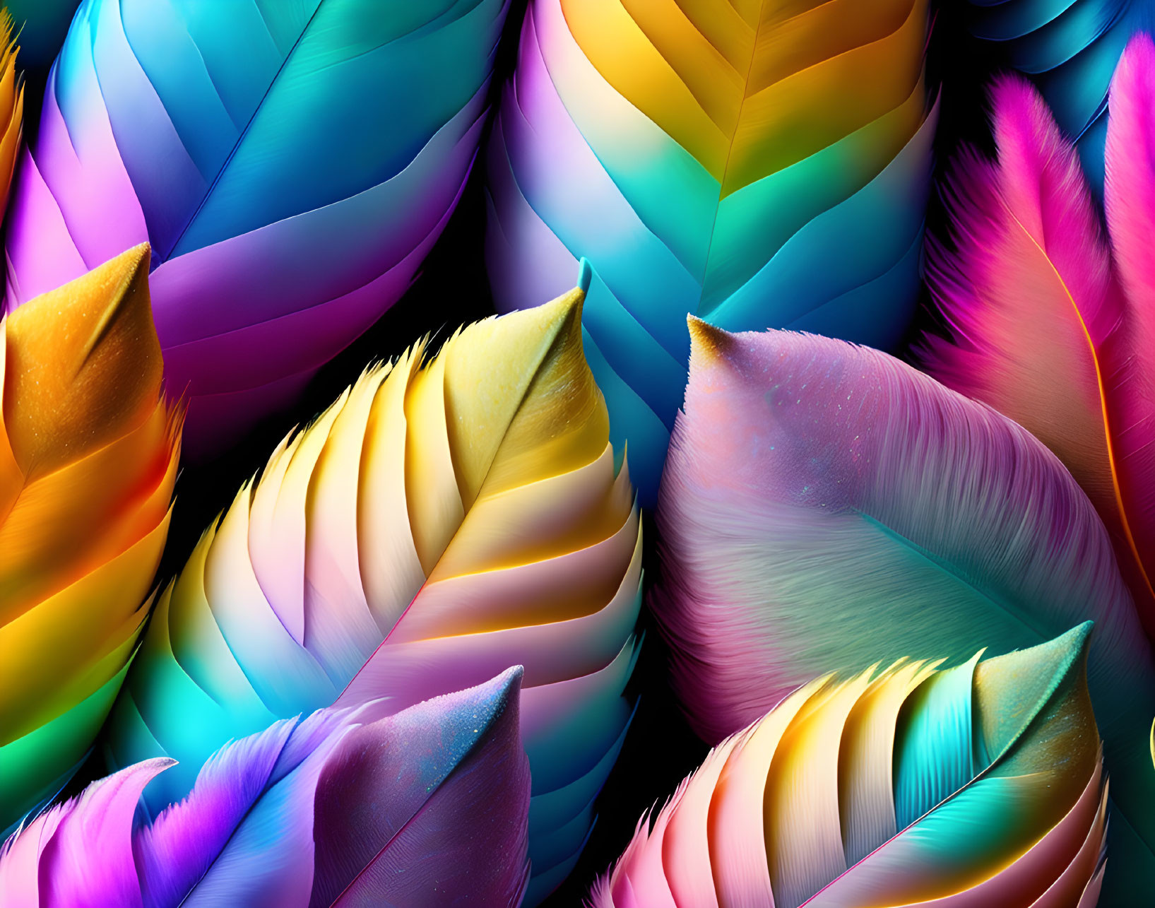 Colorful Overlapping Feathers in Rainbow Palette