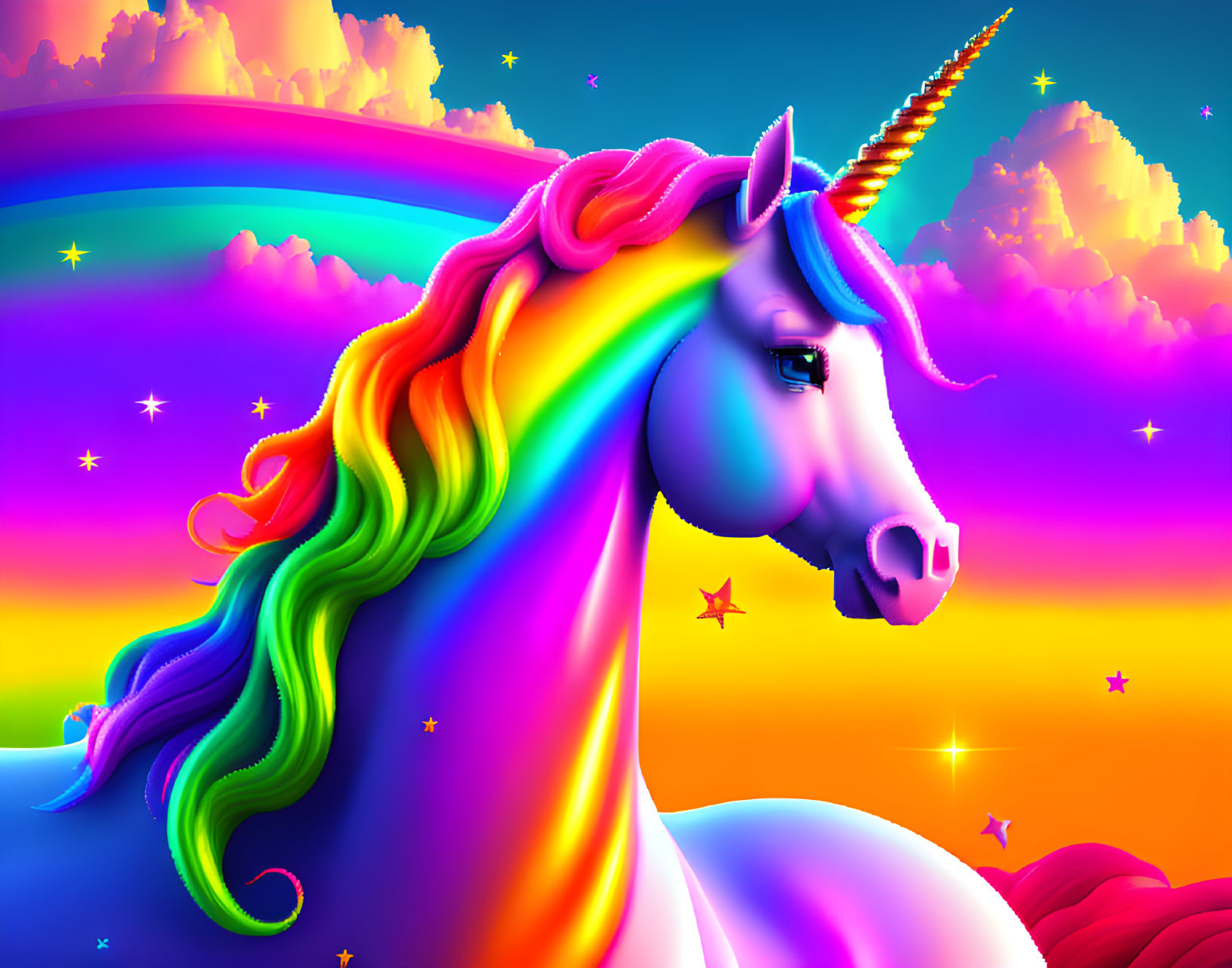 Colorful Unicorn Illustration in Sunset Sky with Stars and Clouds