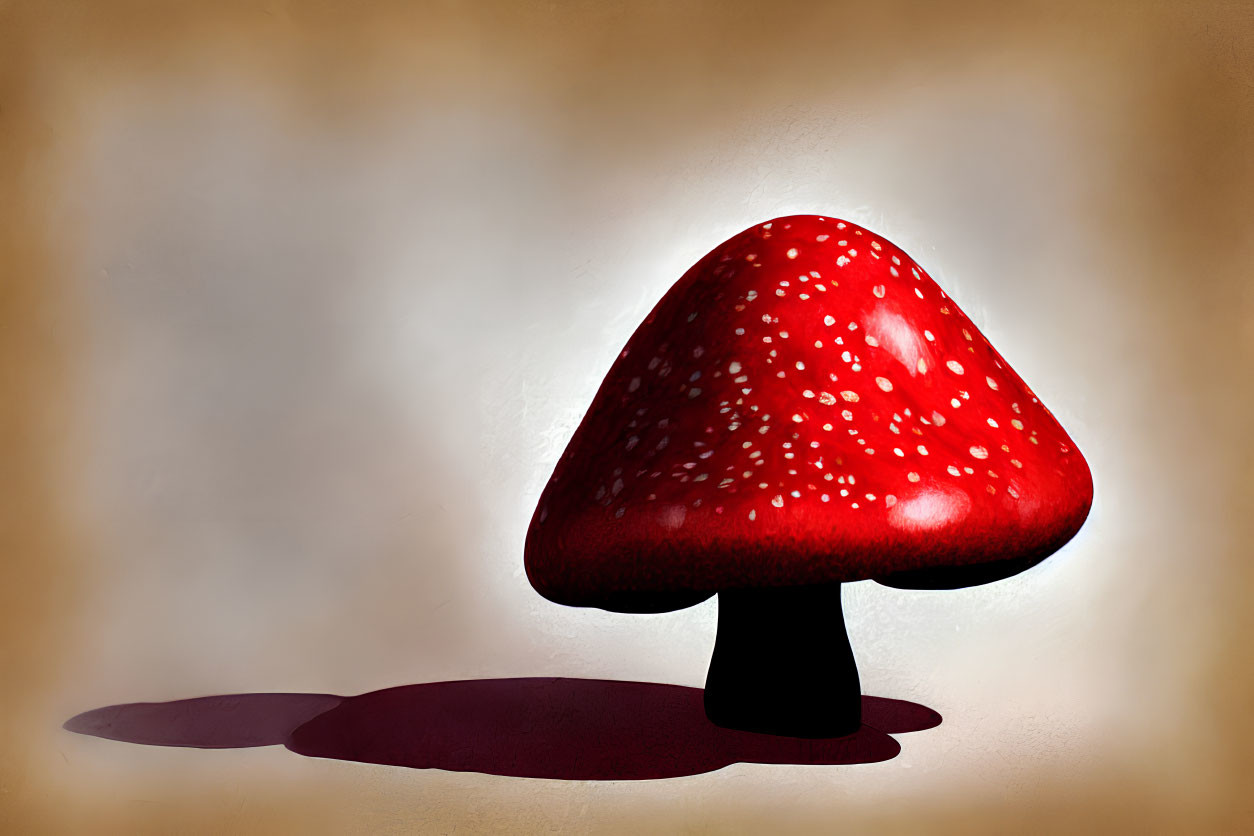 Stylized red mushroom with white spots on warm beige background