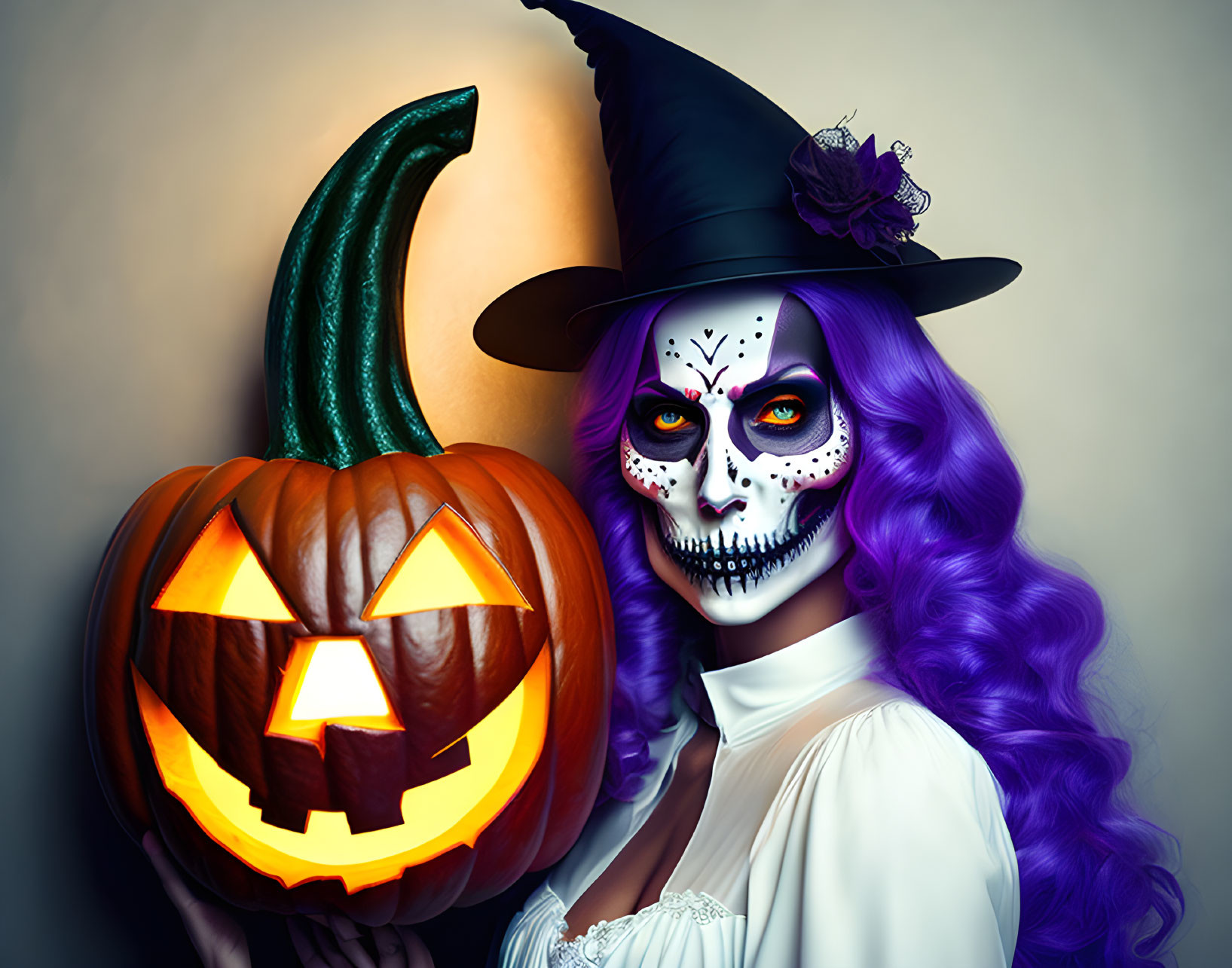 Person with sugar skull makeup and witch hat holding jack-o'-lantern on warm background