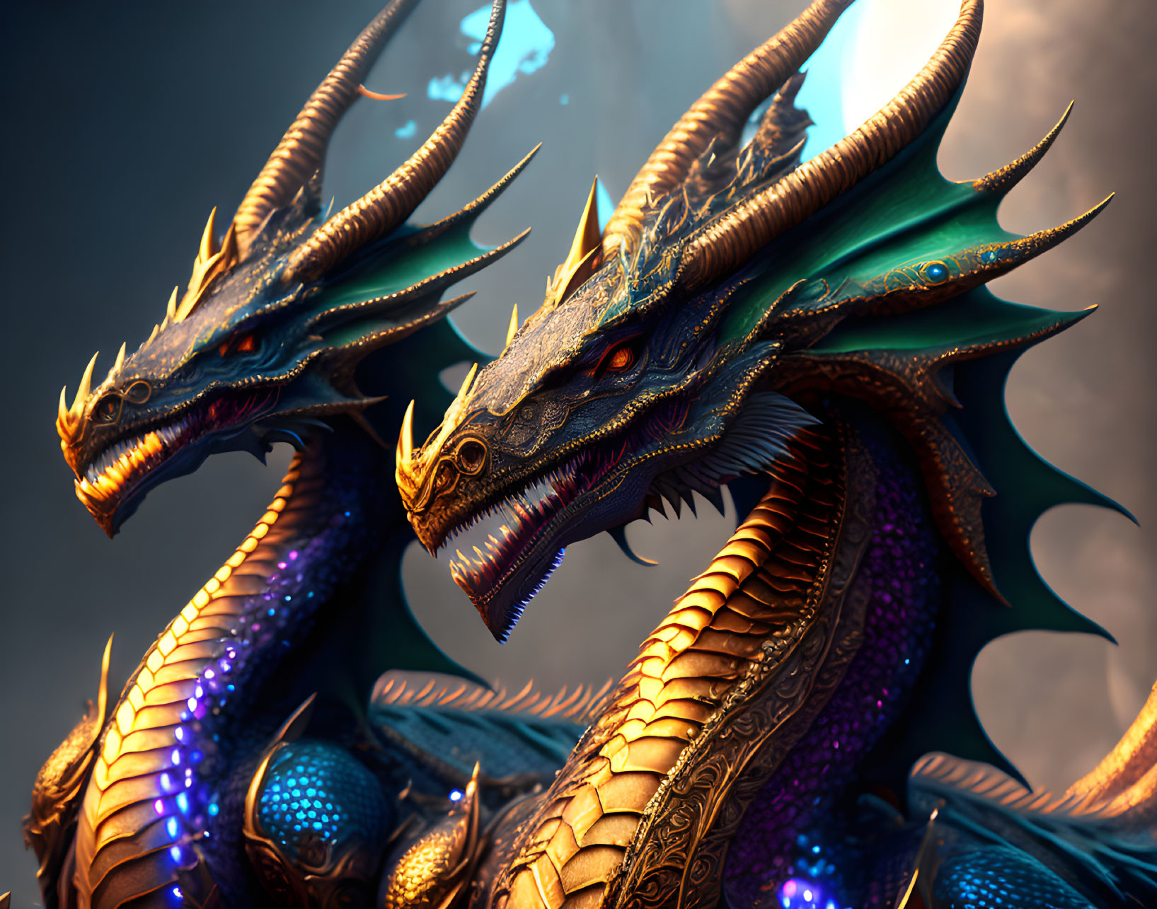 Majestic dragons with golden scales and horns in blue and gold hues under moody sky