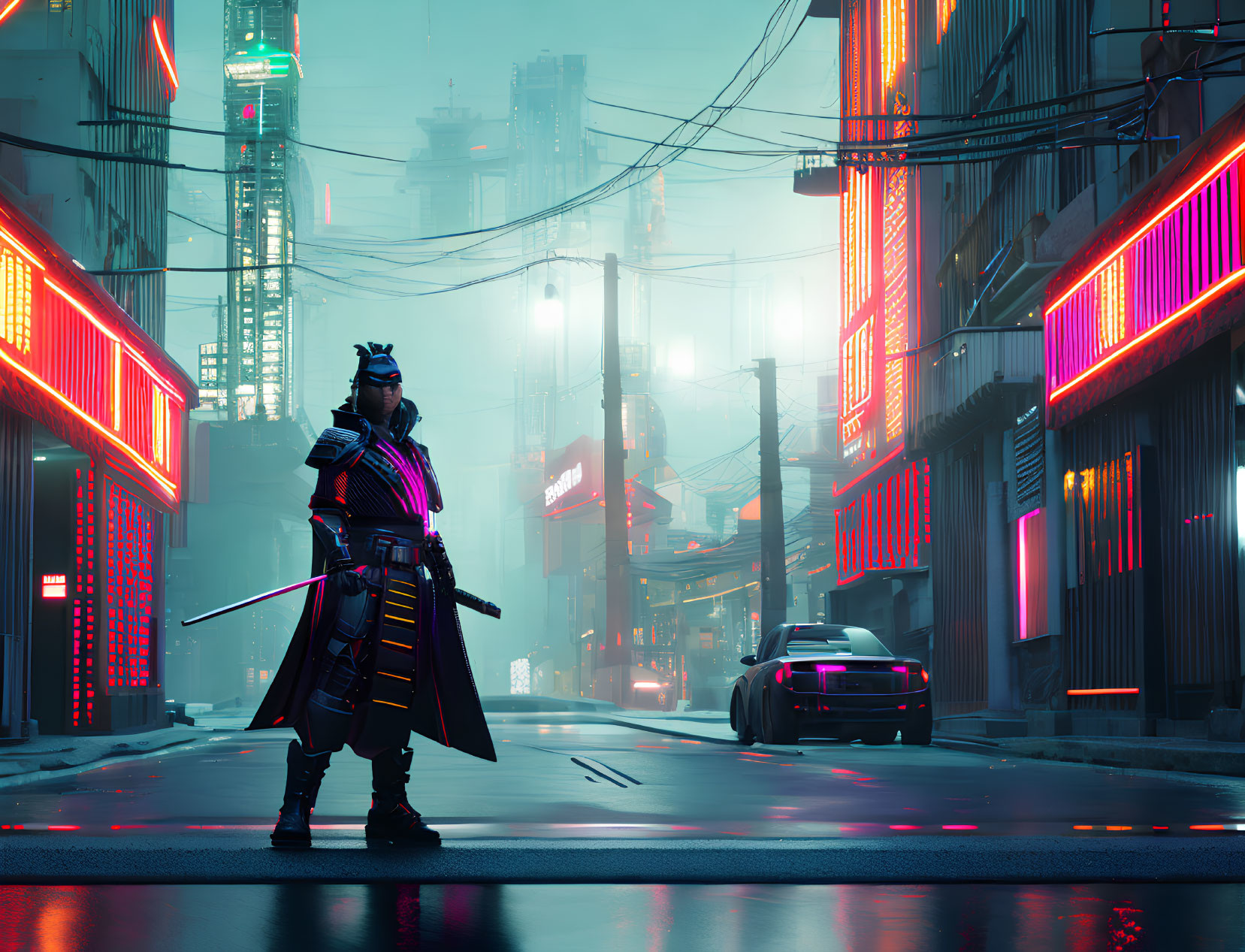 Futuristic samurai in neon-lit cityscape