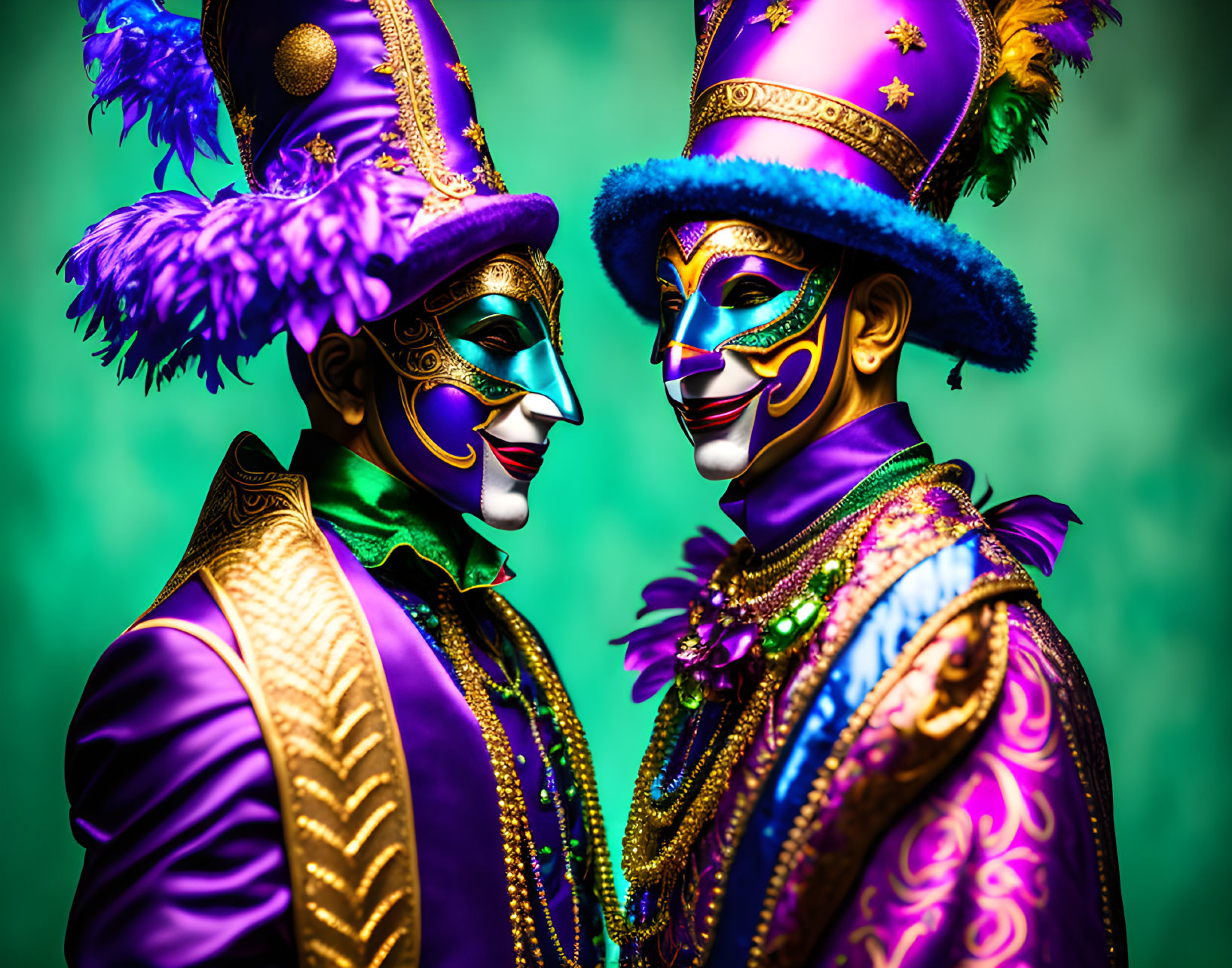 Colorful Mardi Gras Costumes with Feathers and Beads on Green Background