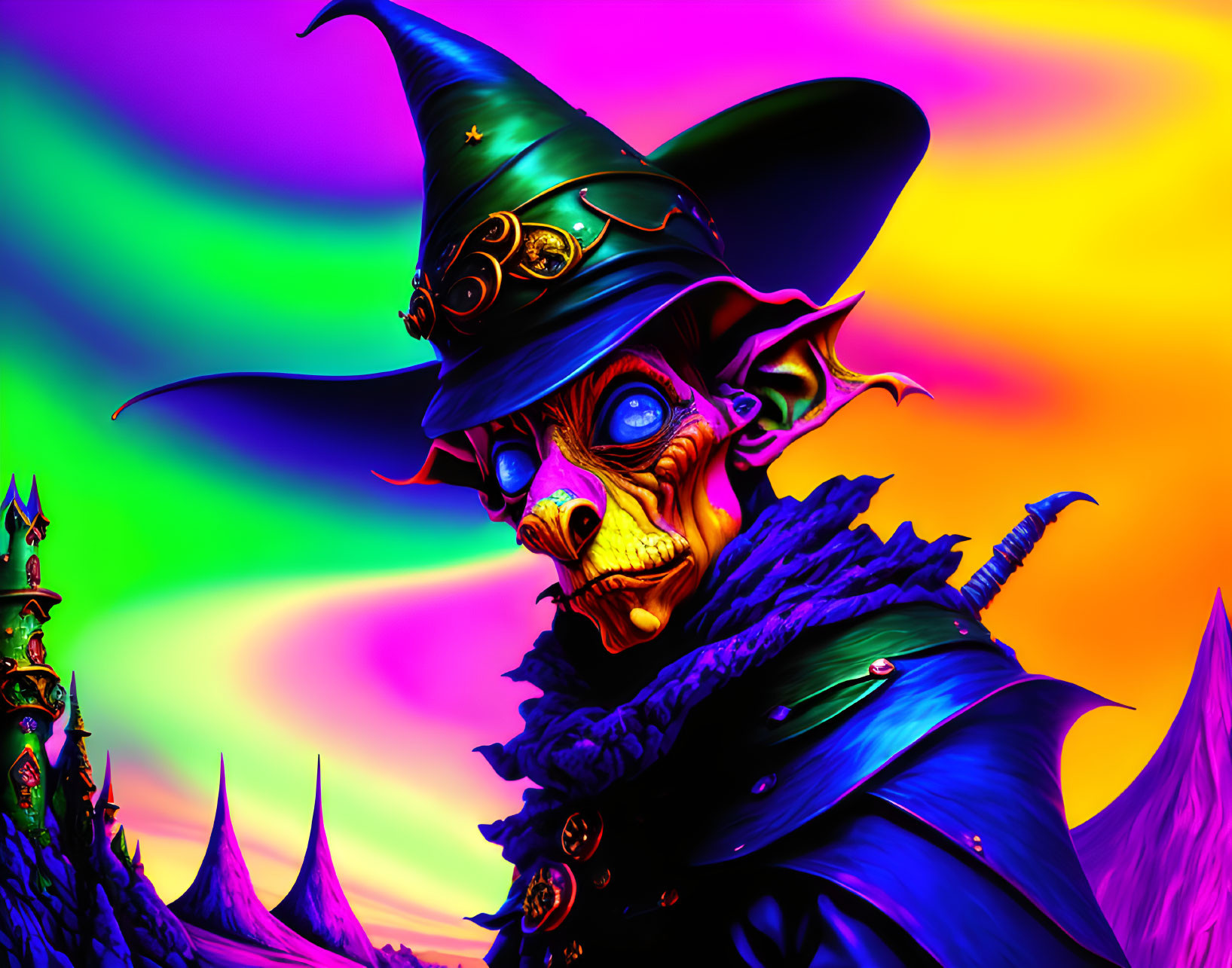 Whimsical witch digital art with exaggerated features and blue attire on rainbow background