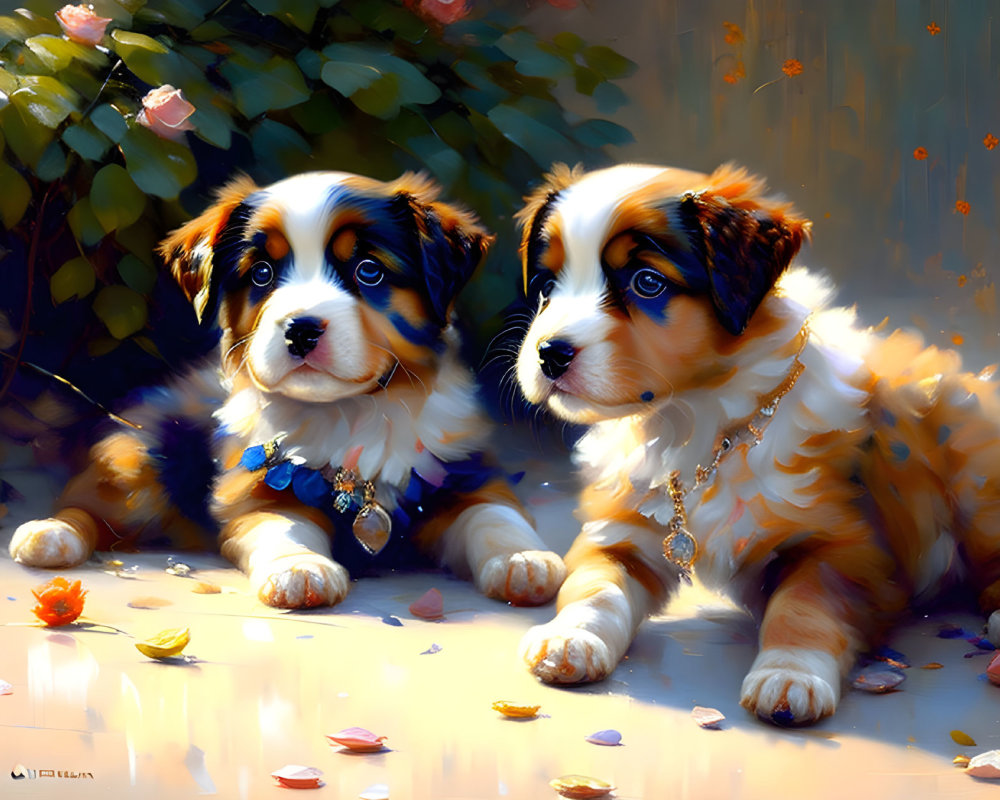 Bernese Mountain Dog Puppies Among Colorful Leaves with Blue Eyes