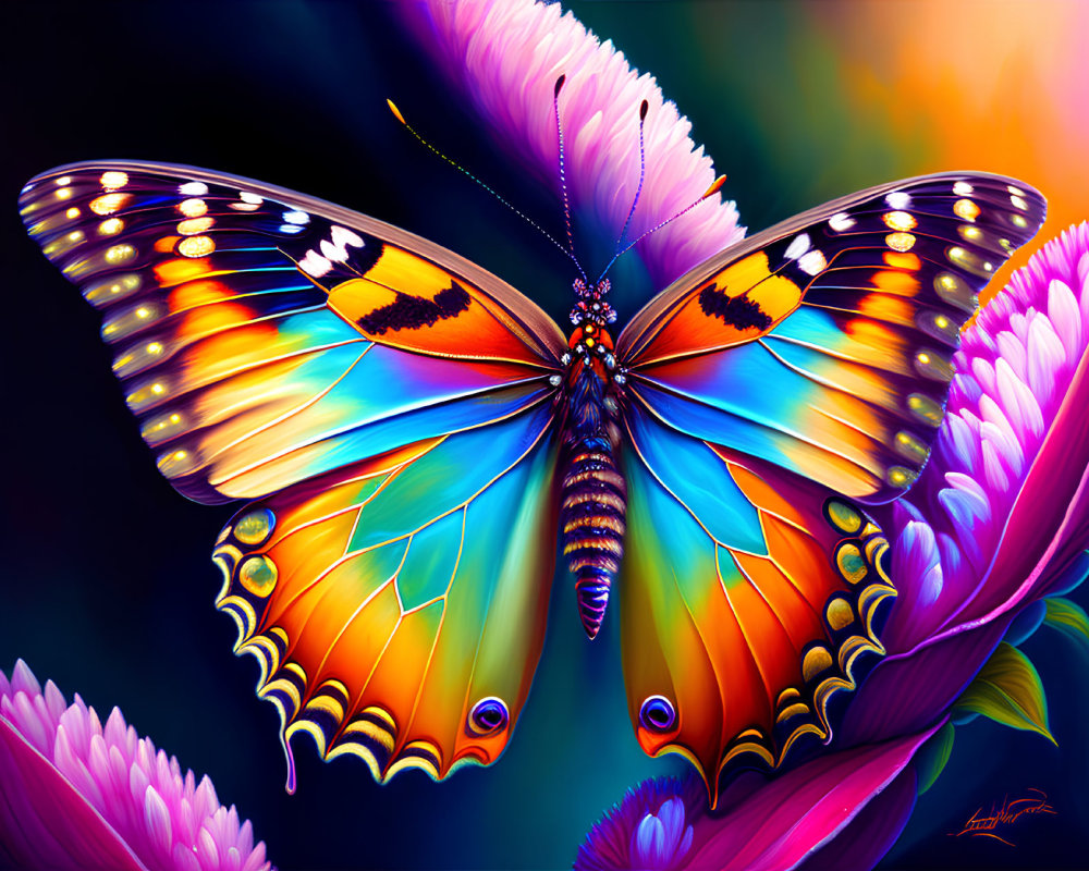 Colorful Butterfly Artwork with Vibrant Wings and Flower Background