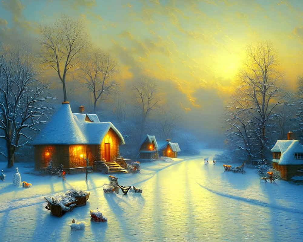 Snow-covered cottages in tranquil winter dusk scene