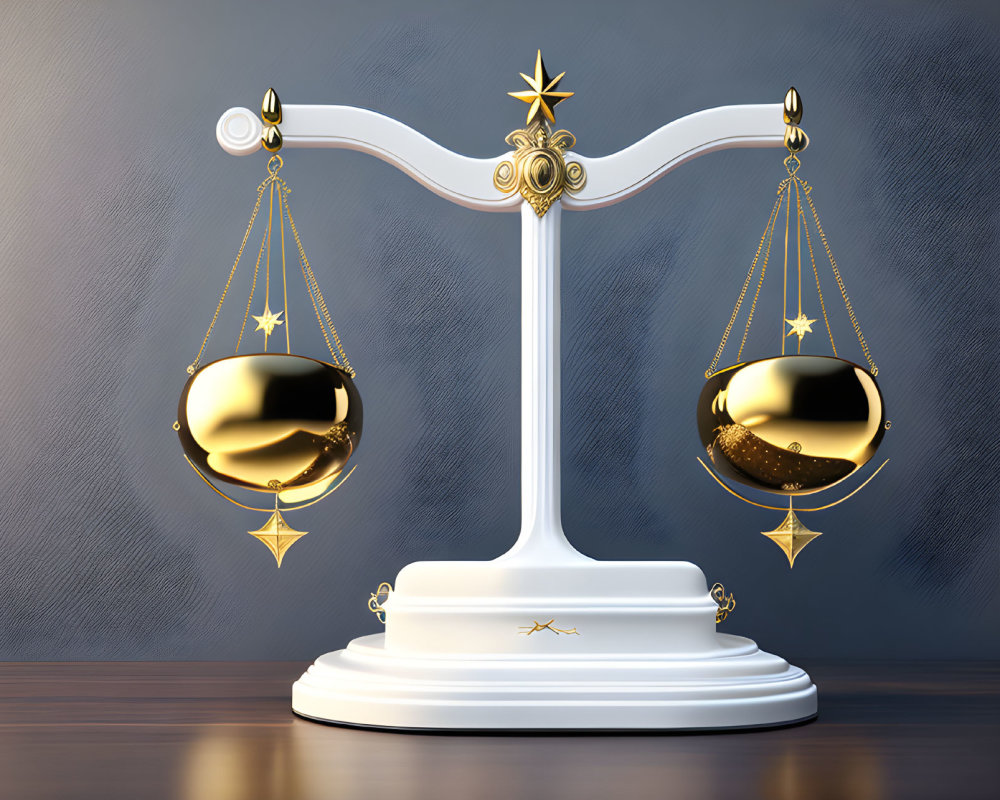 Golden celestial scale symbolizing balance and justice on wooden table against blue background