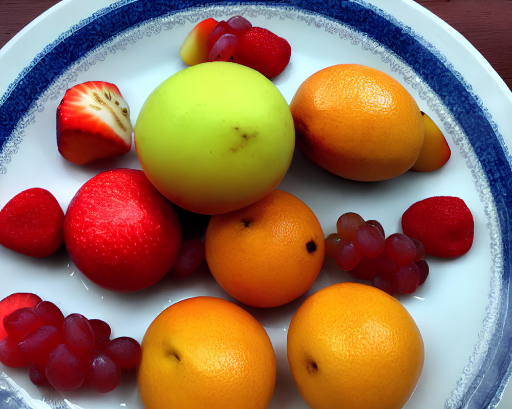 Colorful Fruit Mix on White Plate with Blue Trim