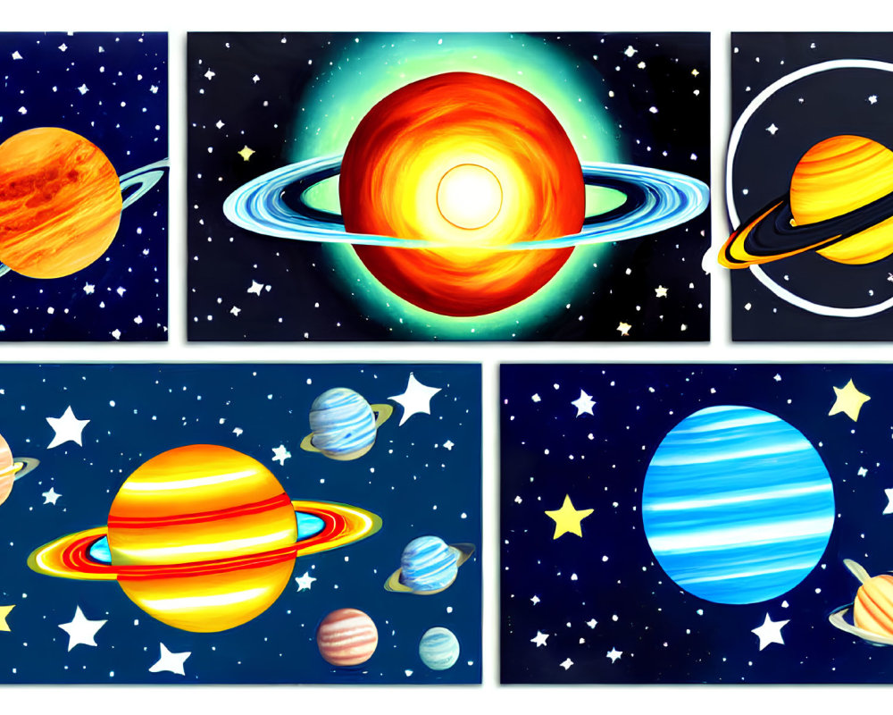 Colorful Planet Illustrations with Rings and Moons in Starry Space Grid