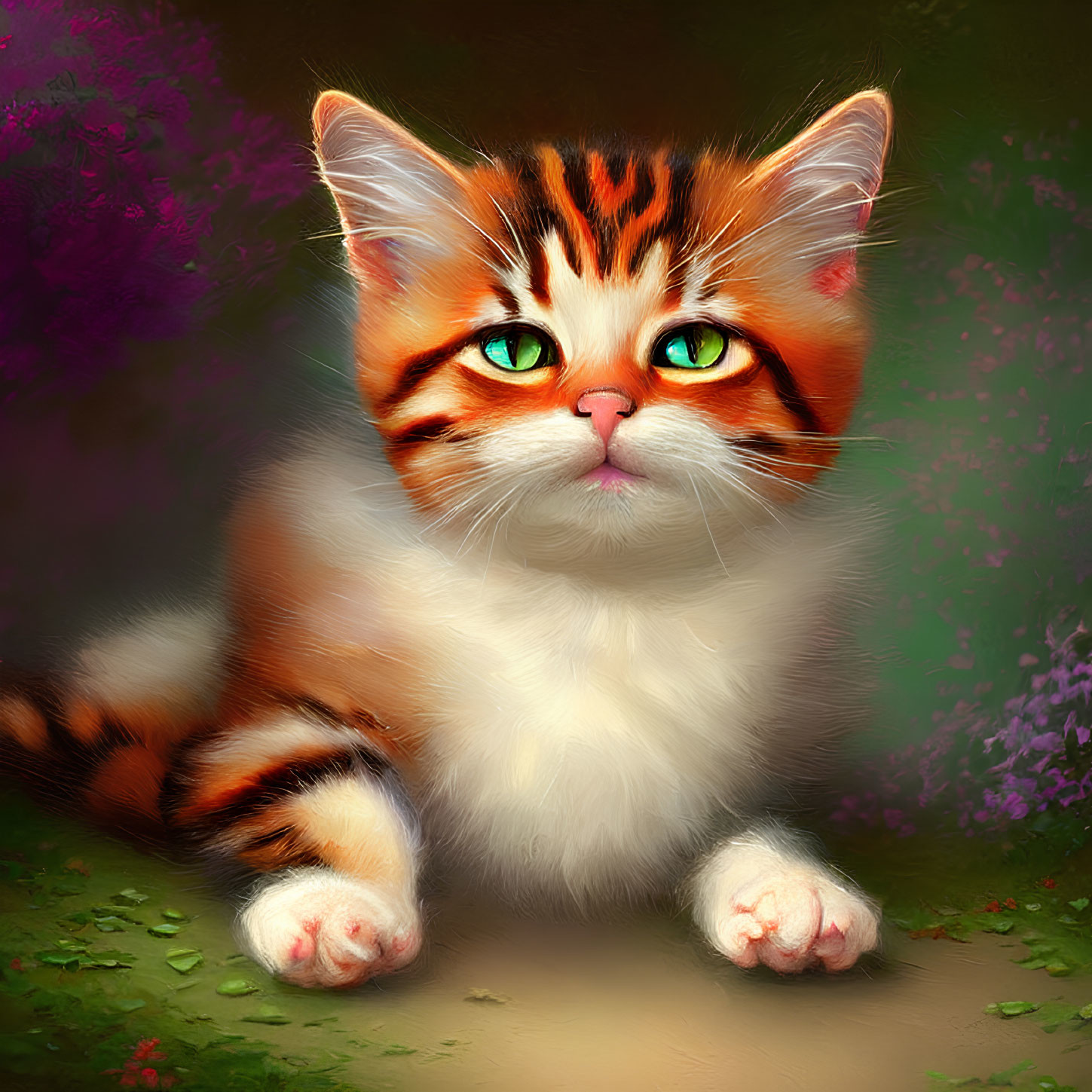 Orange and White Striped Kitten with Green Eyes on Path with Colorful Flowers