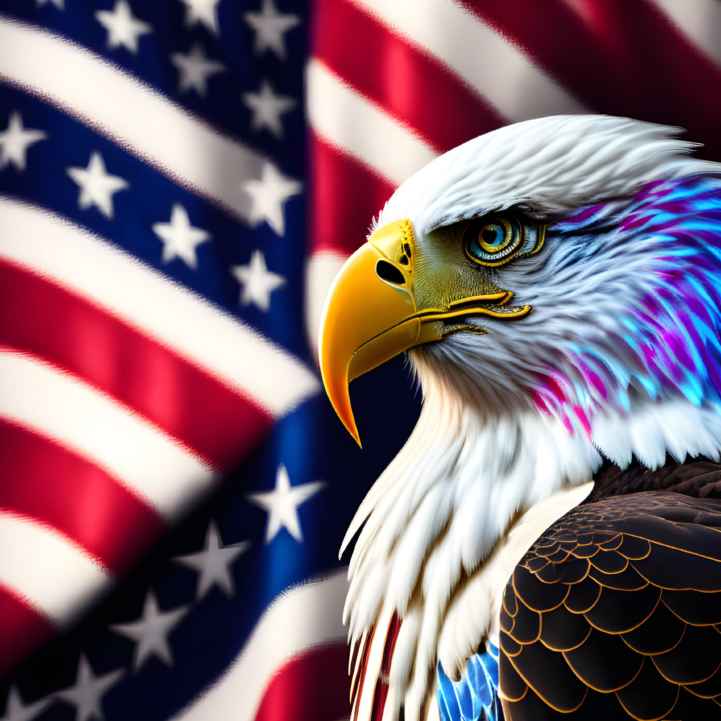 Colorful Bald Eagle Against American Flag Background