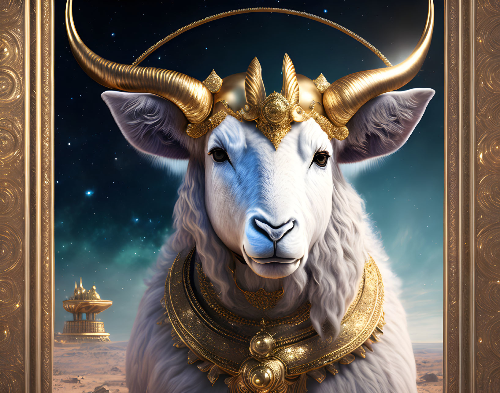 White Goat with Golden Horns and Jewelry in Desert Landscape and Starry Sky