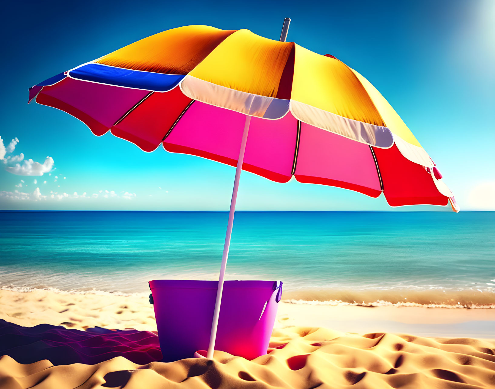 Vibrant Beach Umbrella and Purple Bucket on Sandy Shore