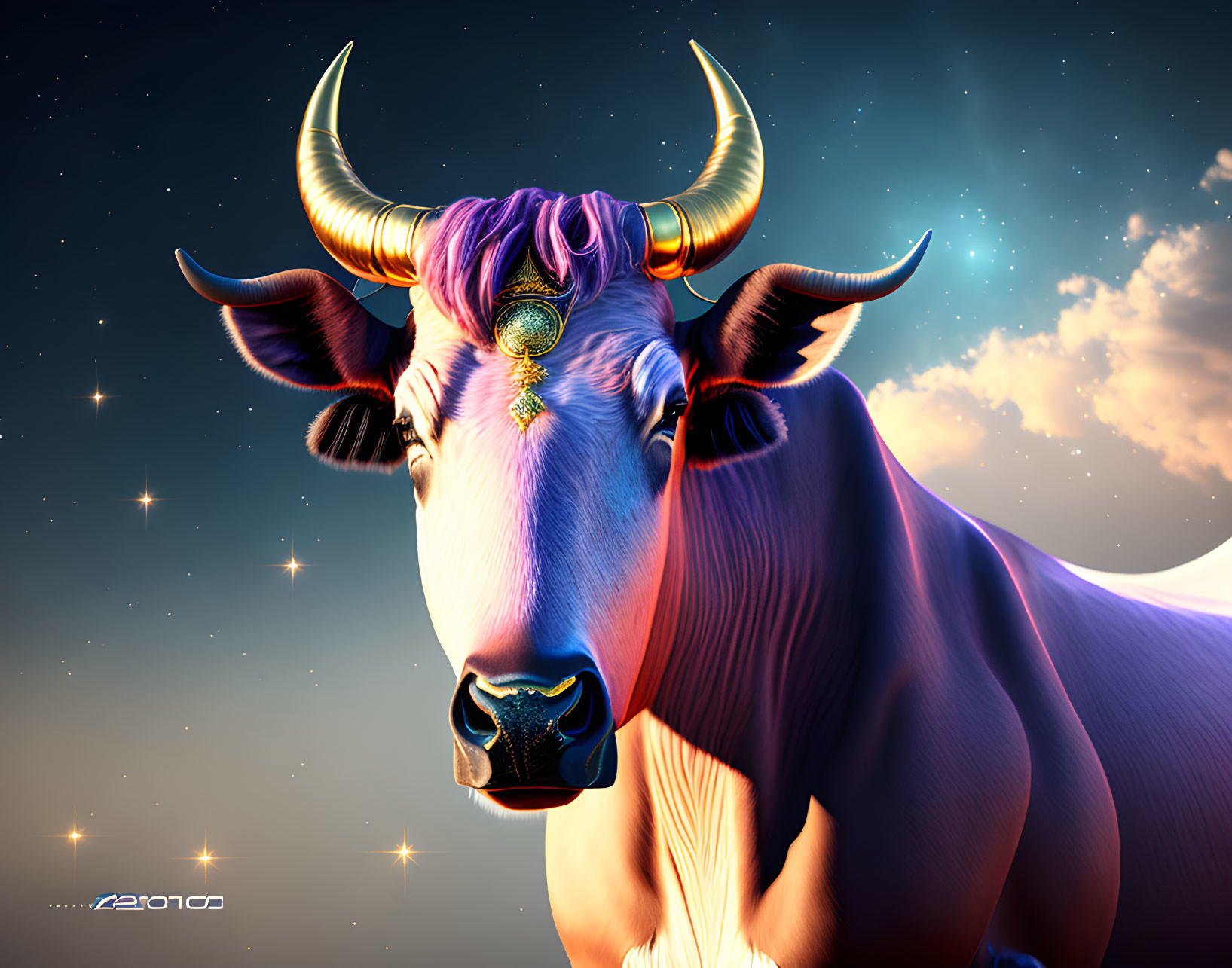 Vibrant digitally rendered bull with golden horns on cosmic background