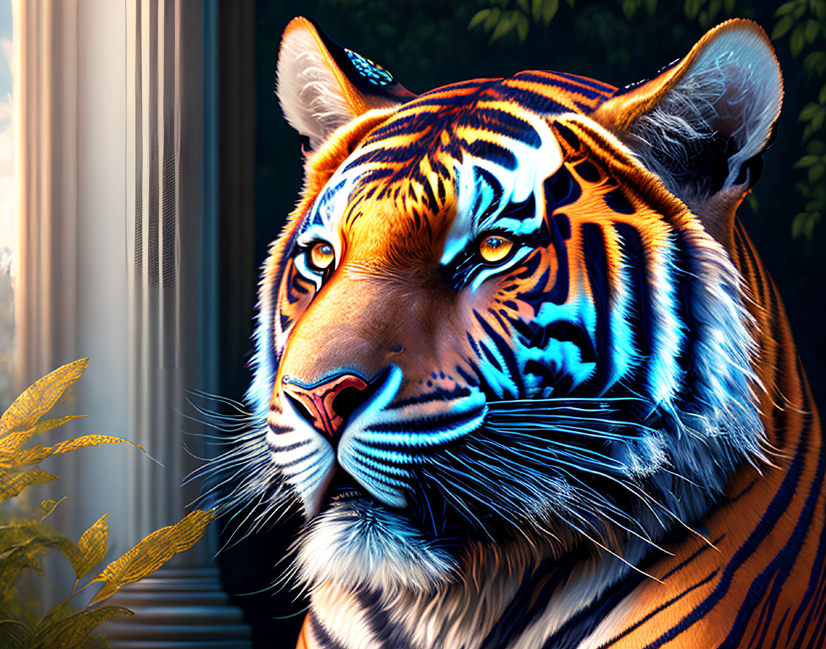 Vivid tiger with blue and orange hues against classical columns