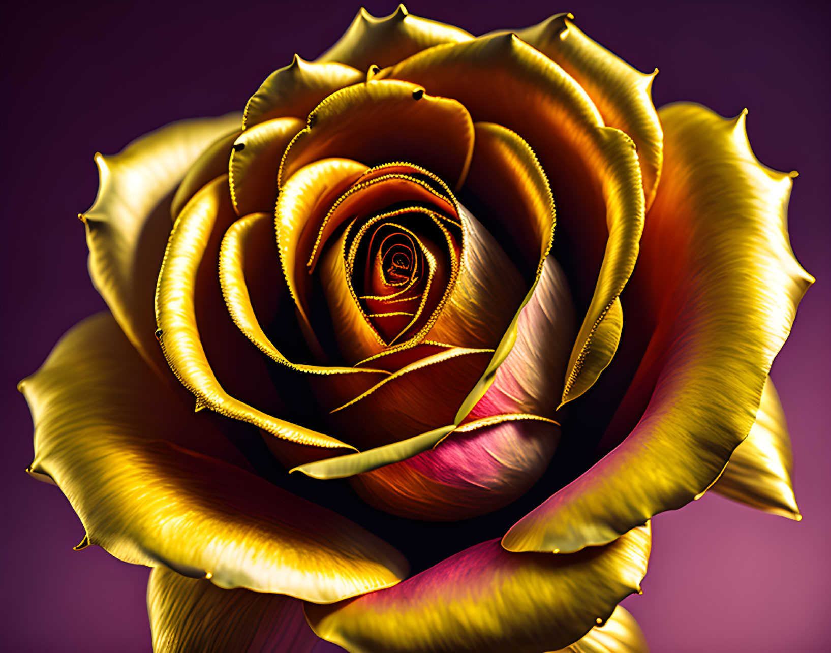 Vibrant golden rose with yellow-gold to deep pink gradient on blurred purple background