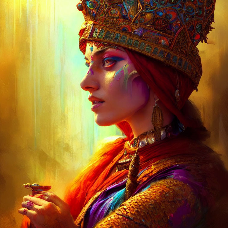 Regal woman with golden crown and tribal makeup in warm light