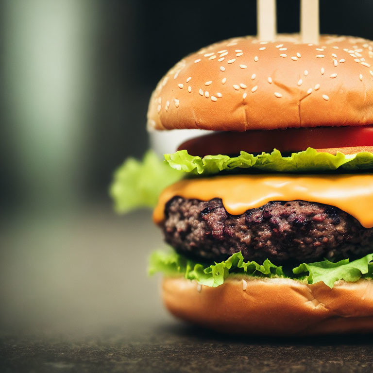 Classic Cheeseburger with Lettuce, Cheese, Beef Patty, and Sesame Bun on Toothpick