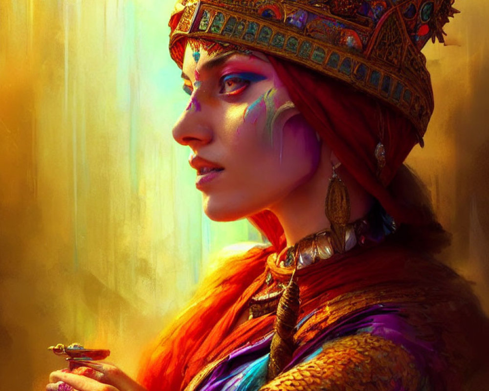 Regal woman with golden crown and tribal makeup in warm light