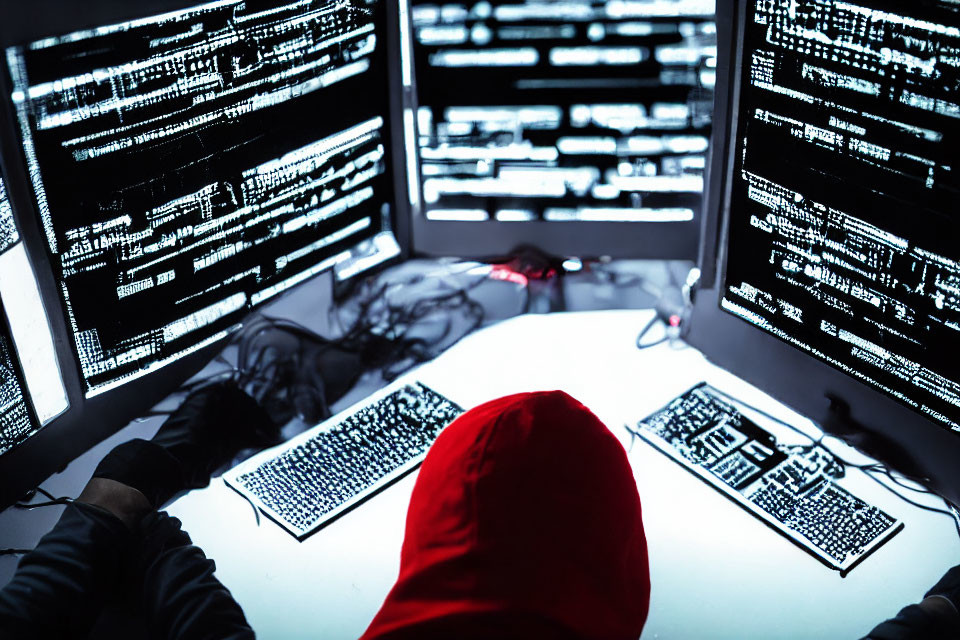 Red Hoodie Figure Surrounded by Code on Computer Screens in Dark Room