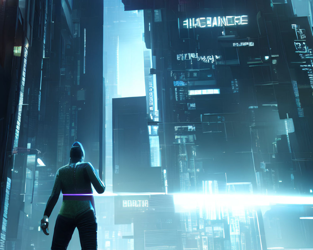 Futuristic neon-lit cityscape at night with towering buildings