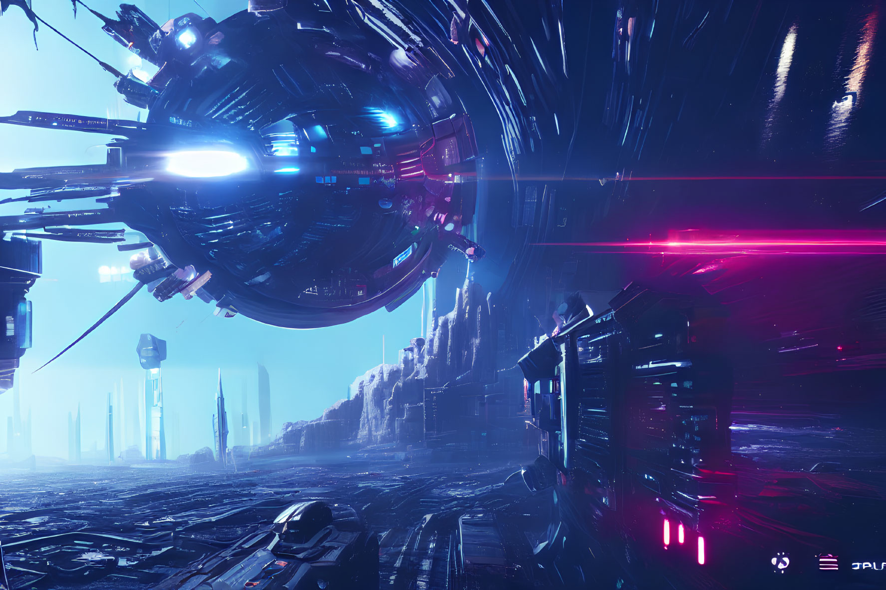 Futuristic cityscape with neon lights and spaceship in vivid colors